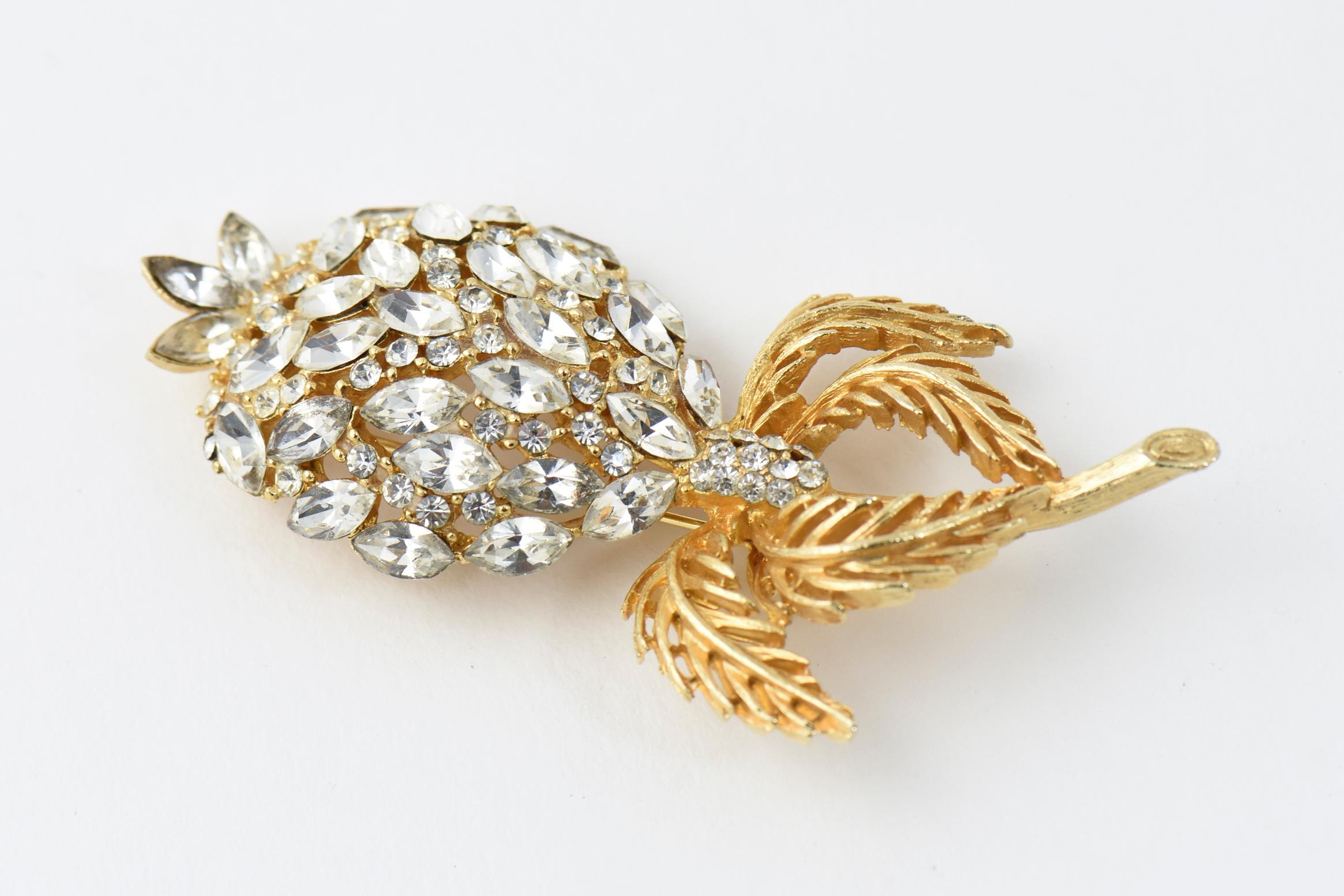 Marquise Cut Large Crystal Gold Gilt Metal Flower Brooch For Sale