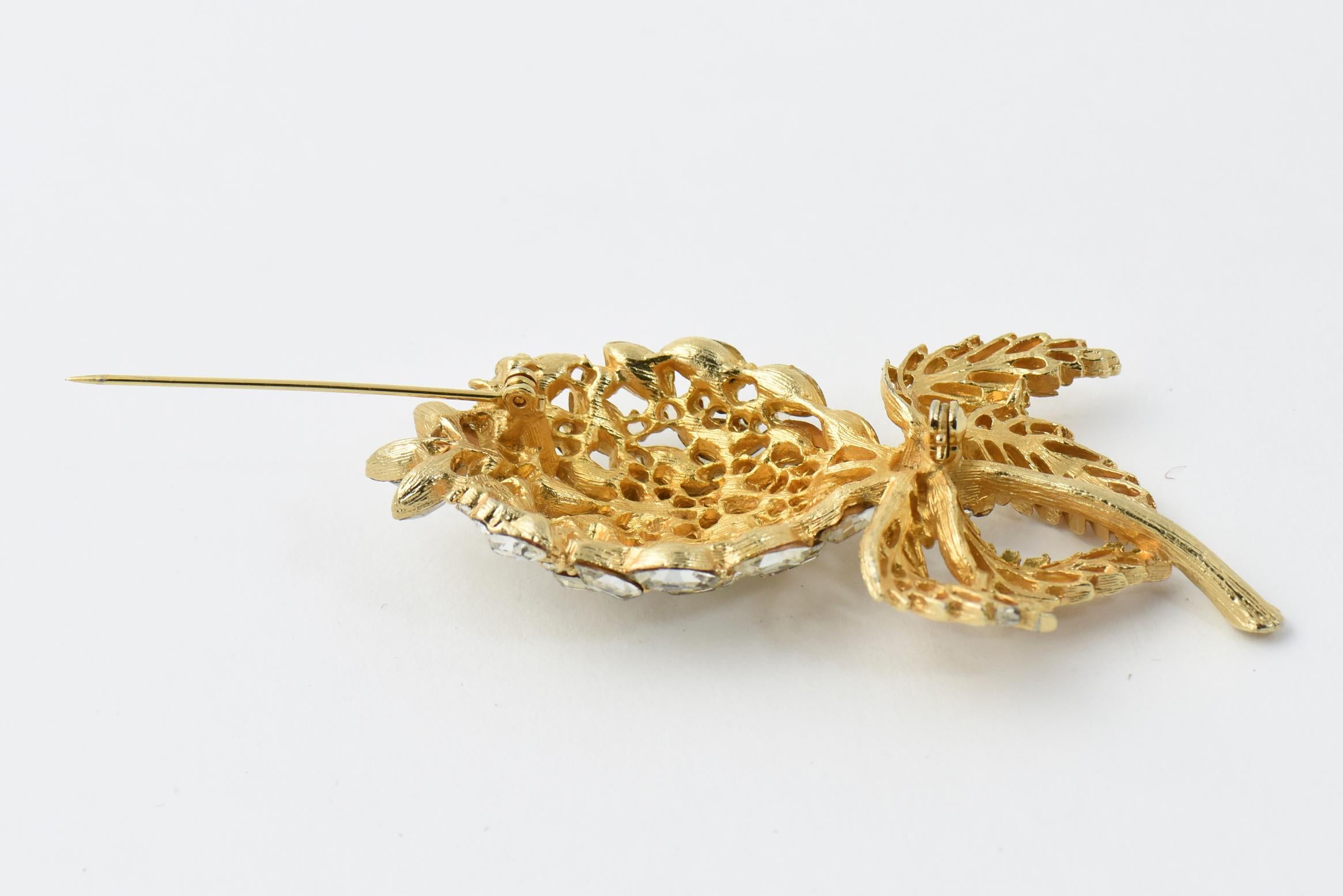 Women's or Men's Large Crystal Gold Gilt Metal Flower Brooch For Sale