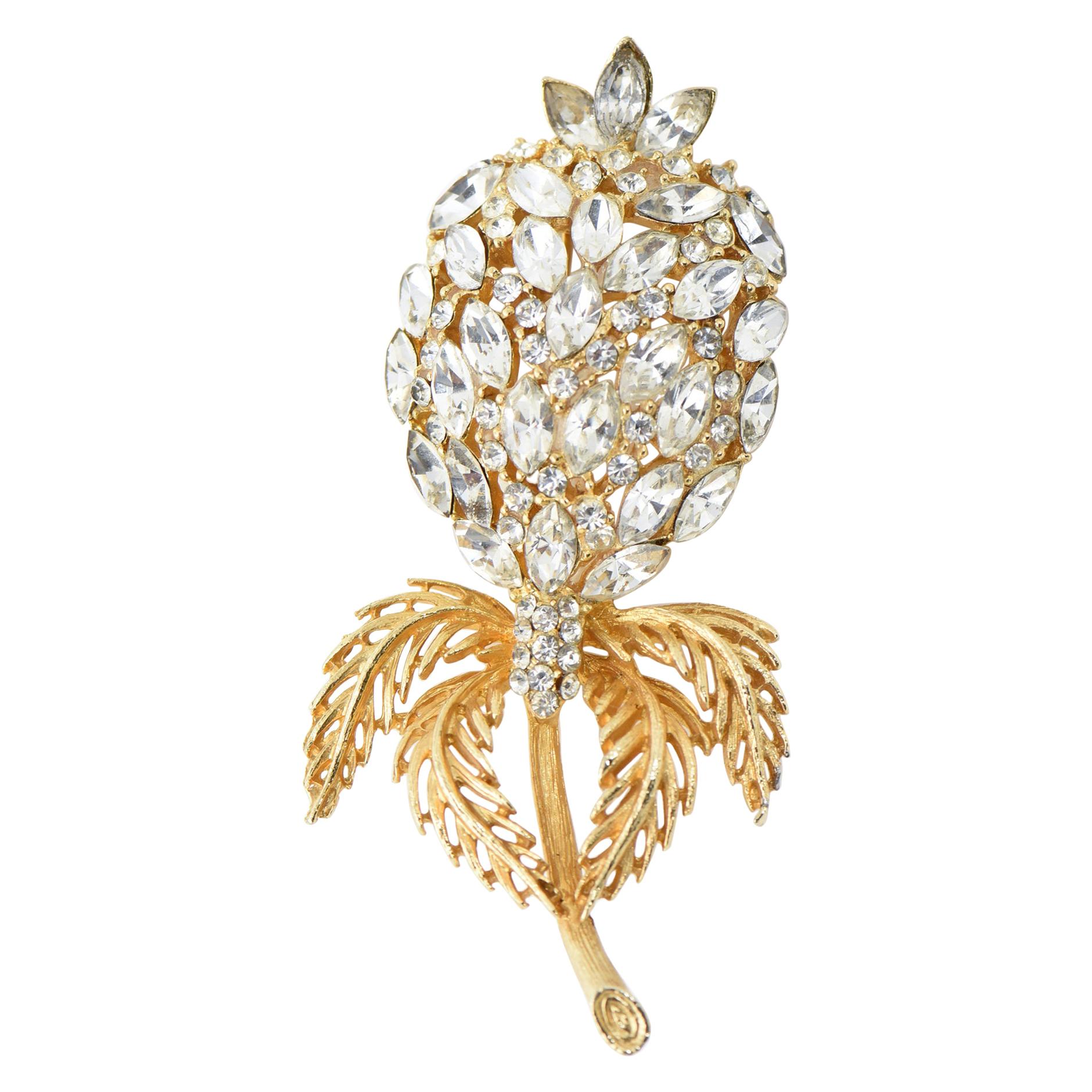 Large Crystal Gold Gilt Metal Flower Brooch For Sale