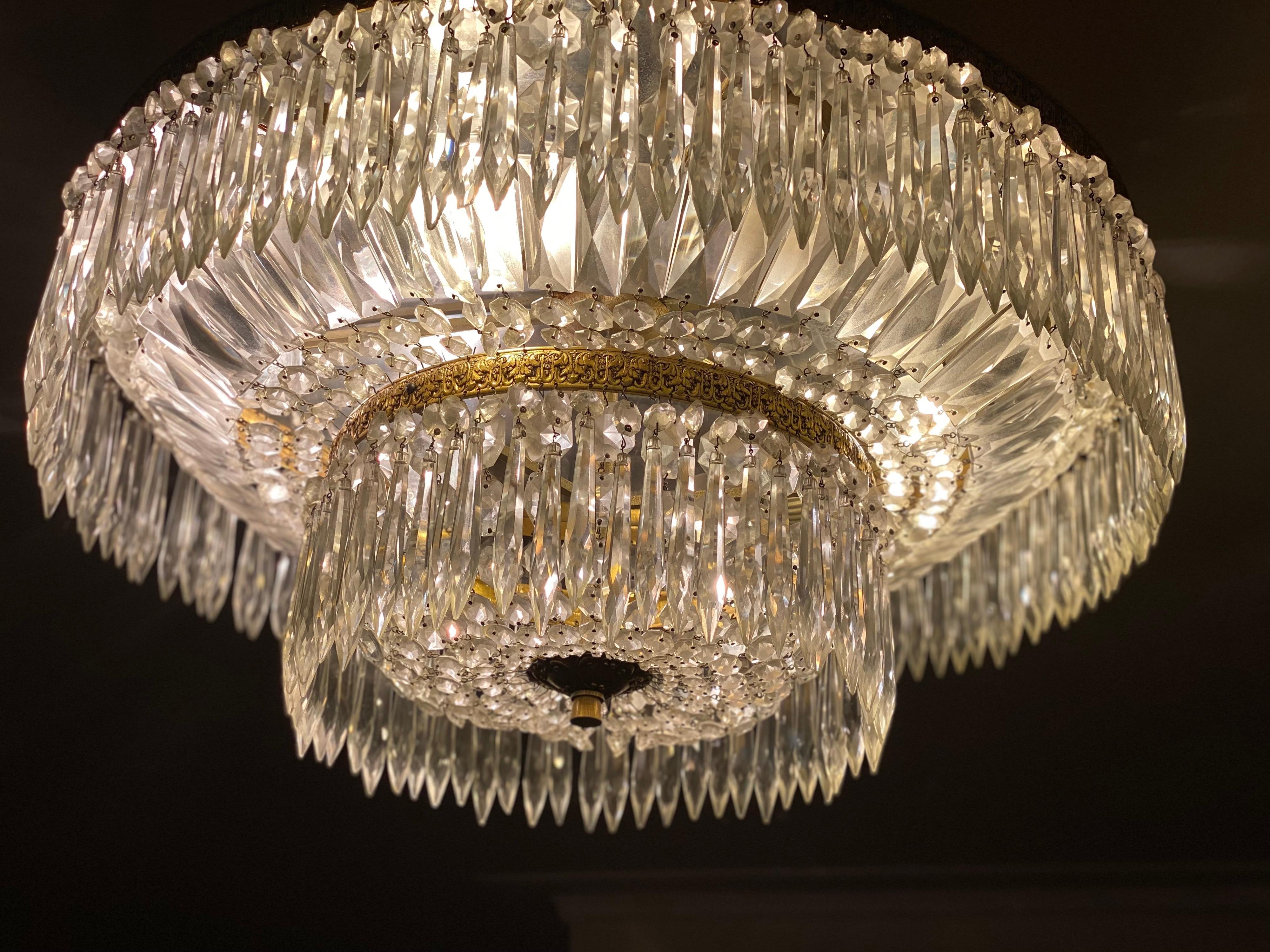 Large Crystal Hollywood Regency Chandelier, Flush Mount, France, 1970s In Good Condition In Antwerp, BE