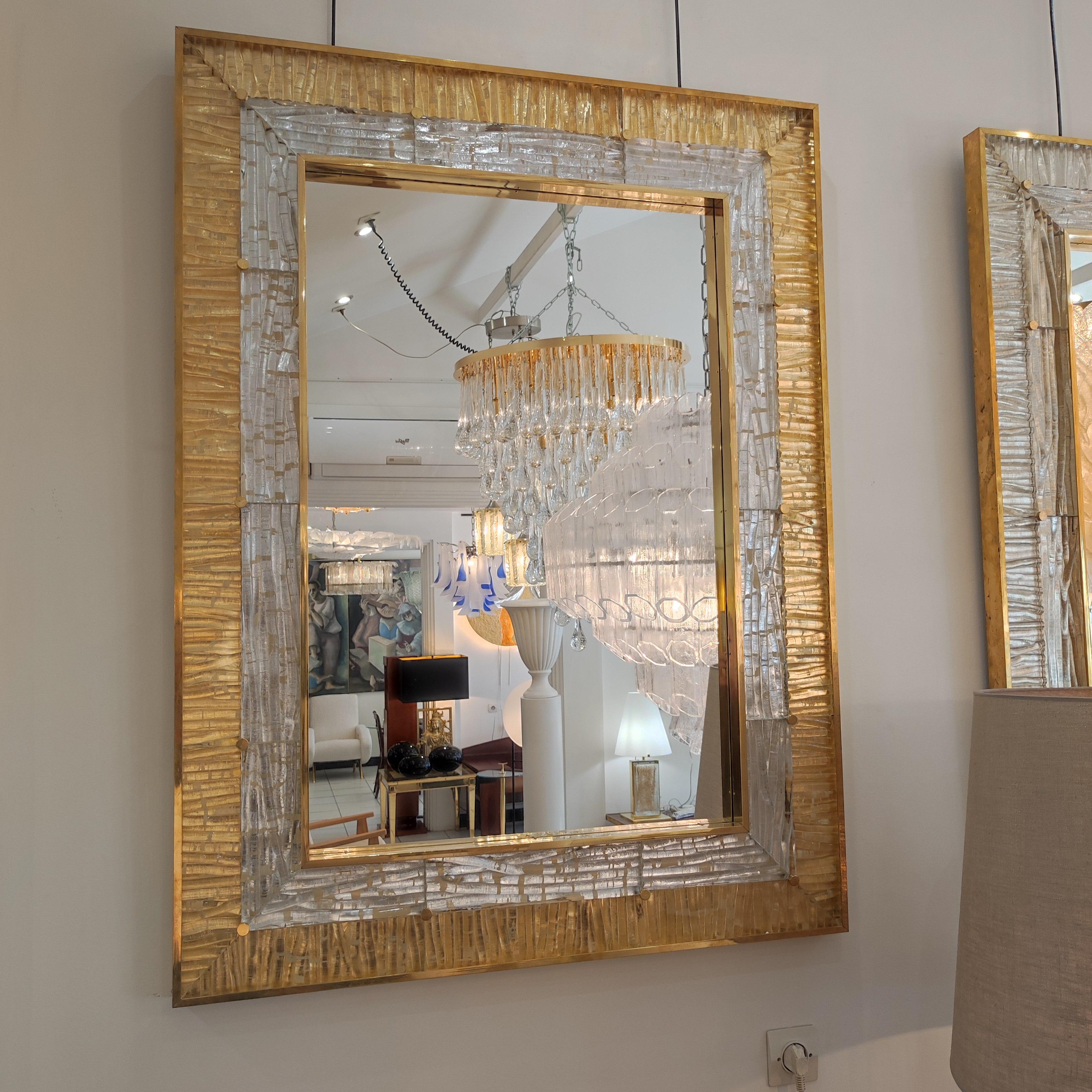  Large Crystal Murano Glass and Brass Mirror For Sale 2