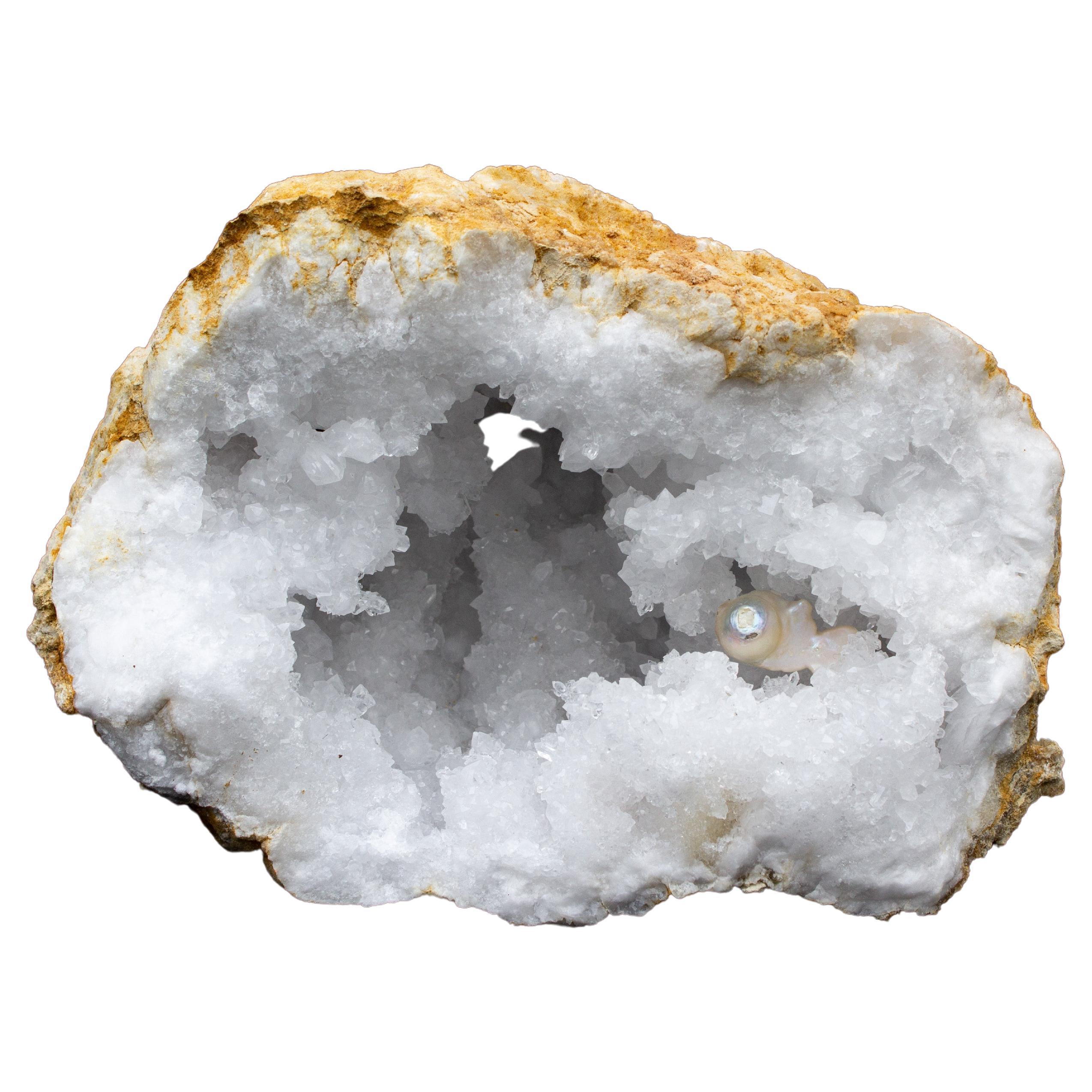 Large Crystal Quartz Geode with a Baroque Pearl For Sale