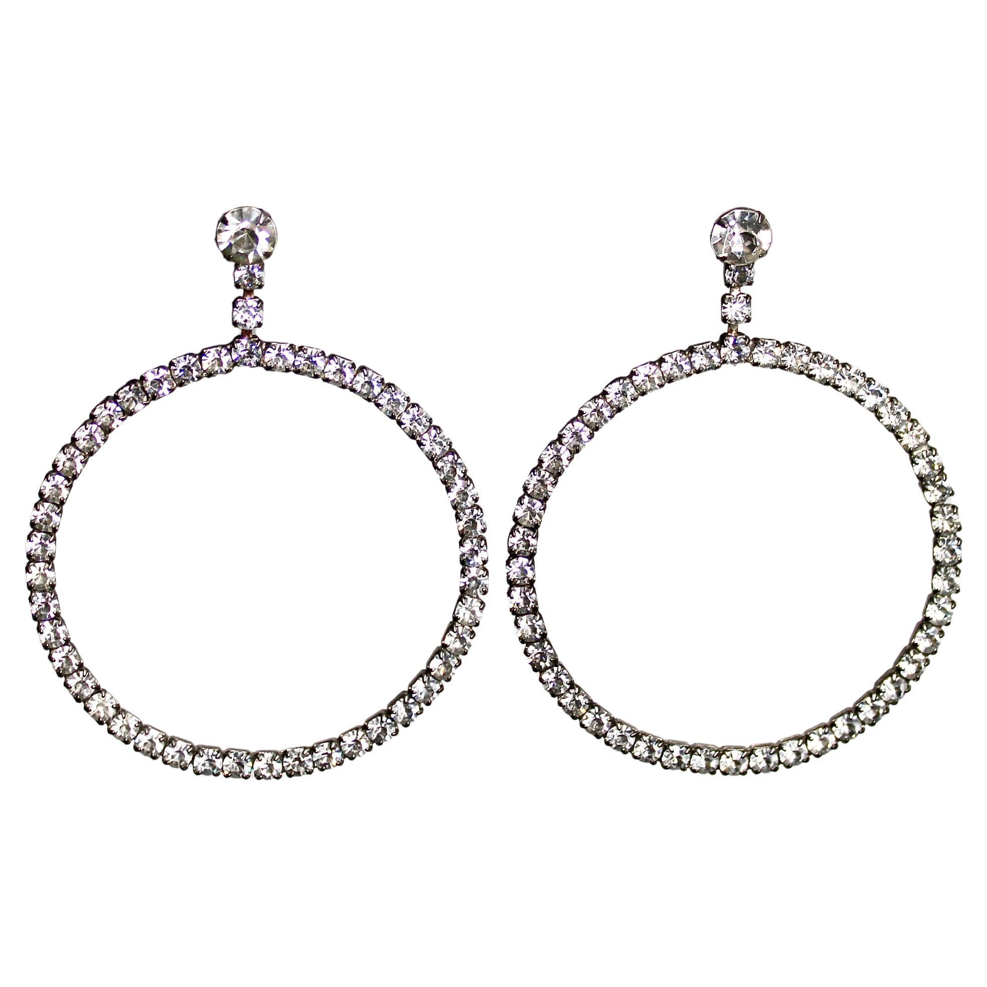 Large Crystal Silver-Tone Hoop Drop Earrings For Sale
