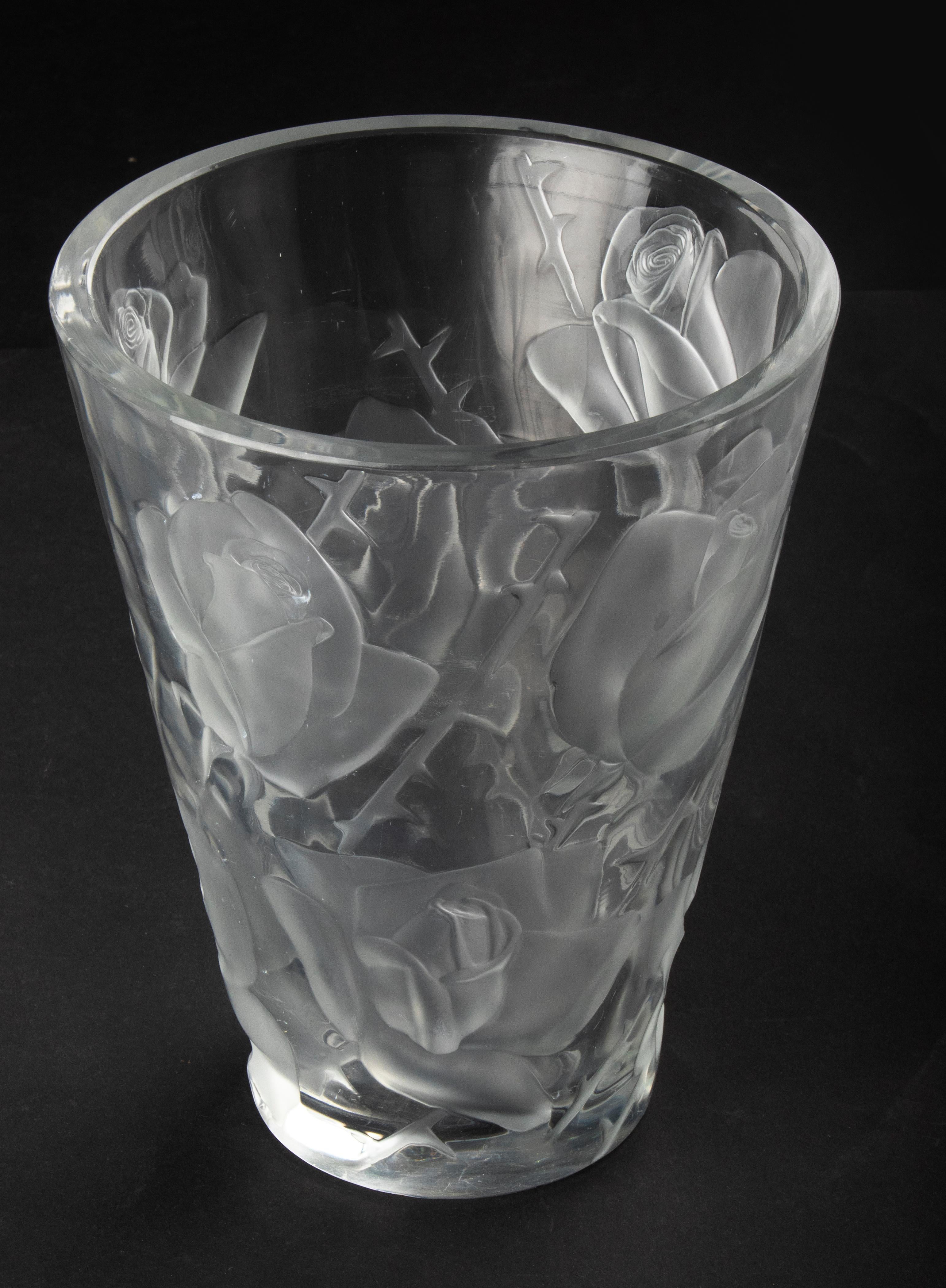 Large Crystal Vase by Lalique Model Ispahan with Etched & Frosted Roses 3