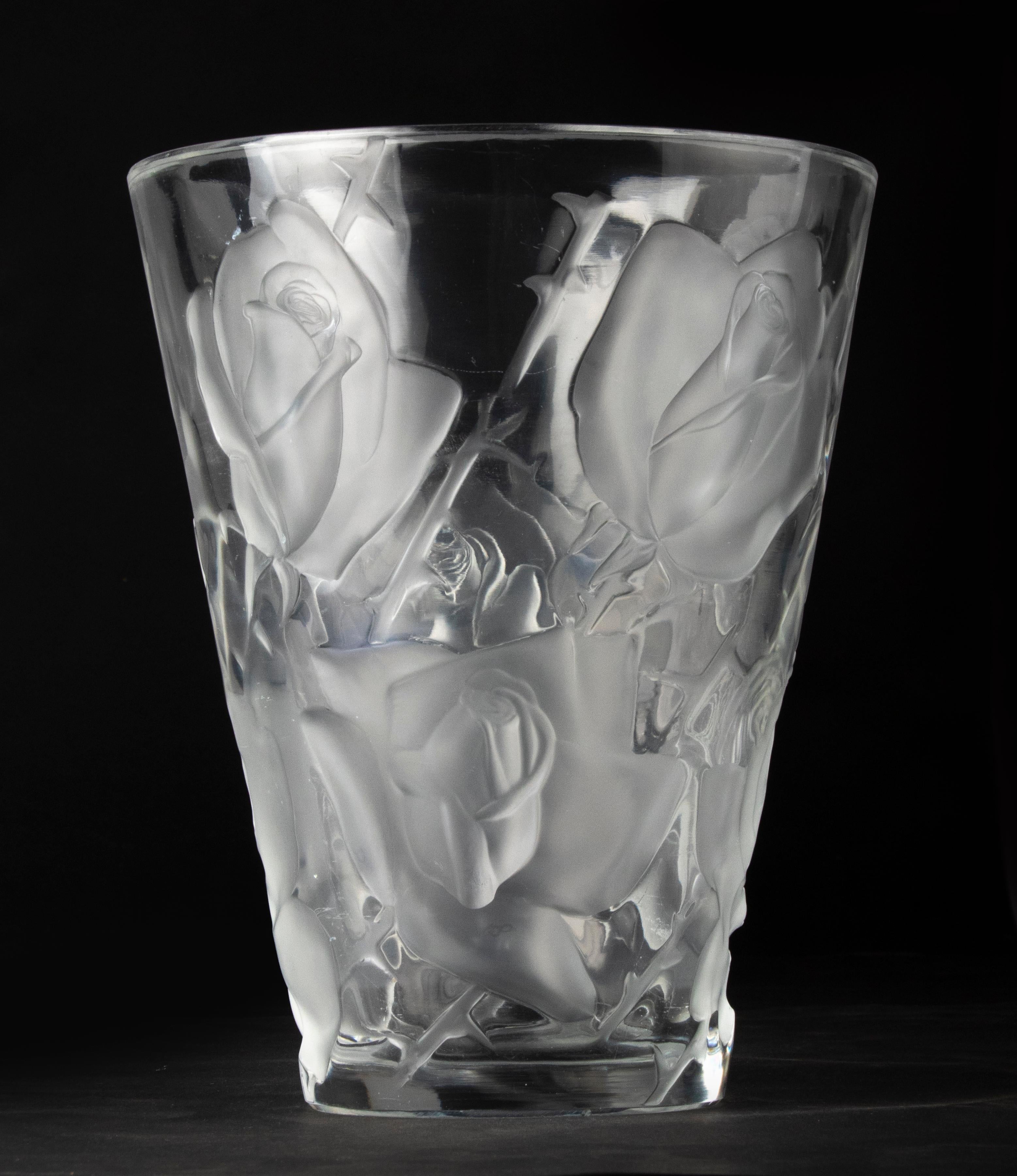 Large Crystal Vase by Lalique Model Ispahan with Etched & Frosted Roses 5