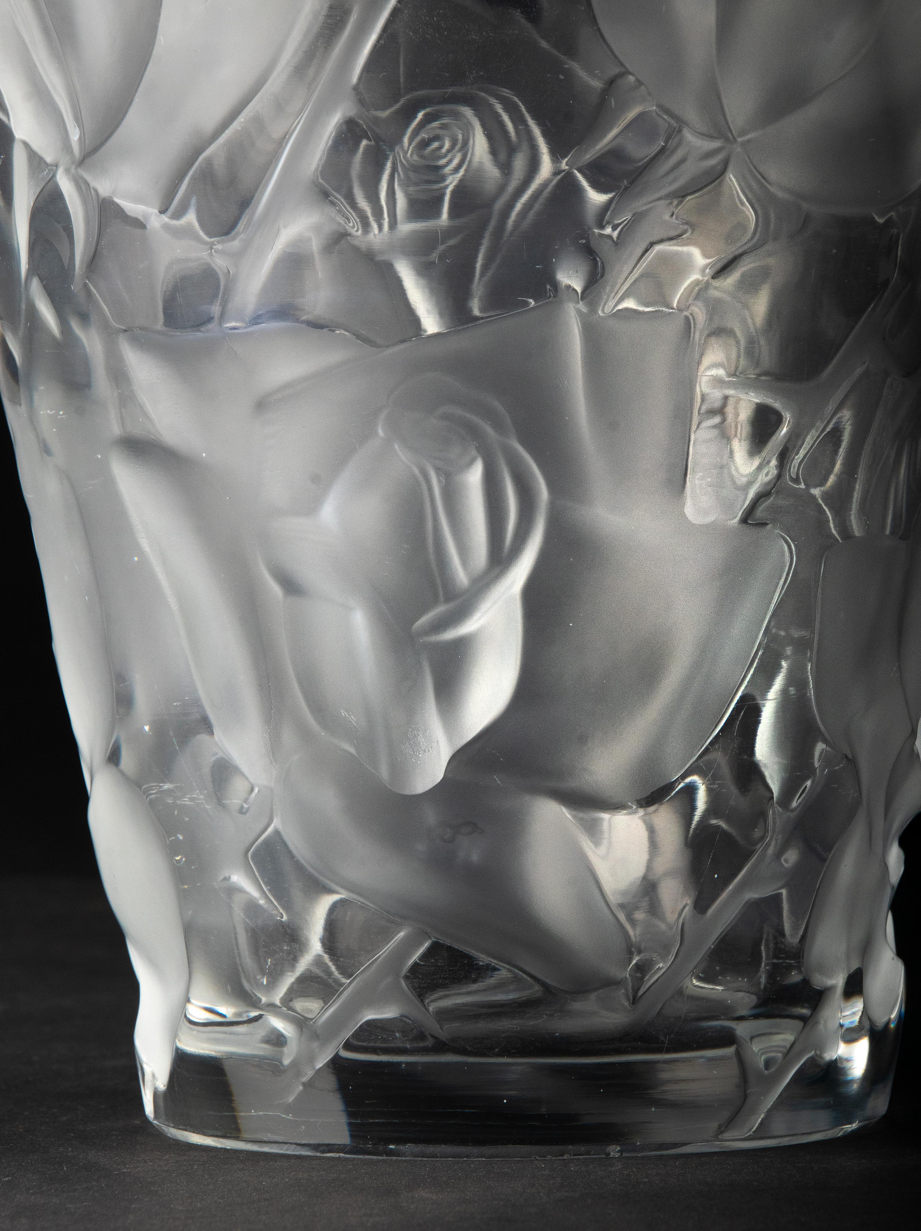 Large Crystal Vase by Lalique Model Ispahan with Etched & Frosted Roses 6