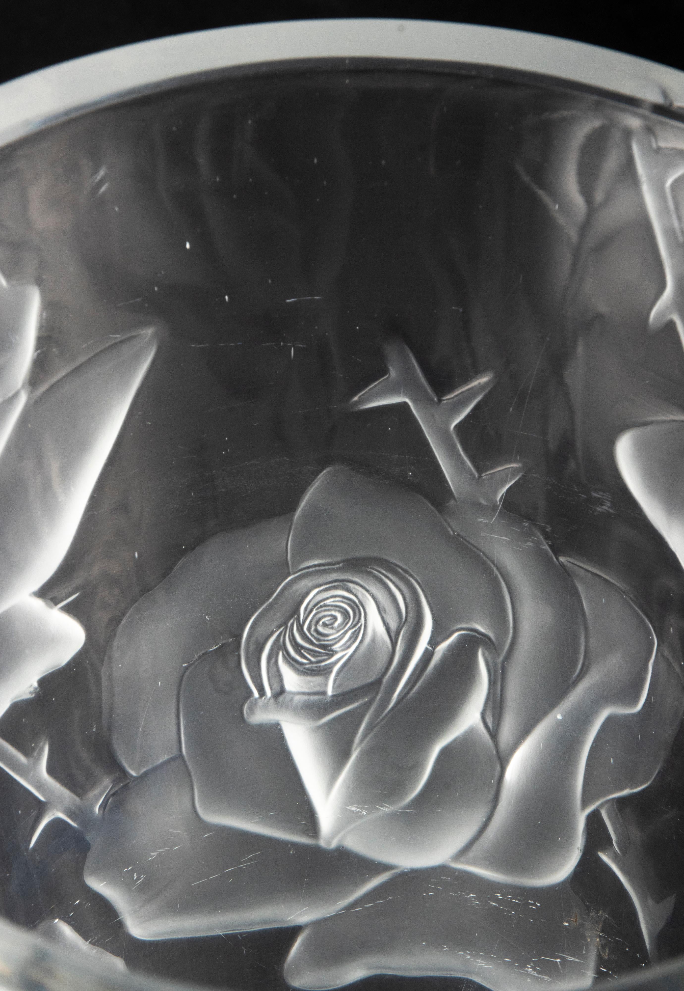 French Large Crystal Vase by Lalique Model Ispahan with Etched & Frosted Roses