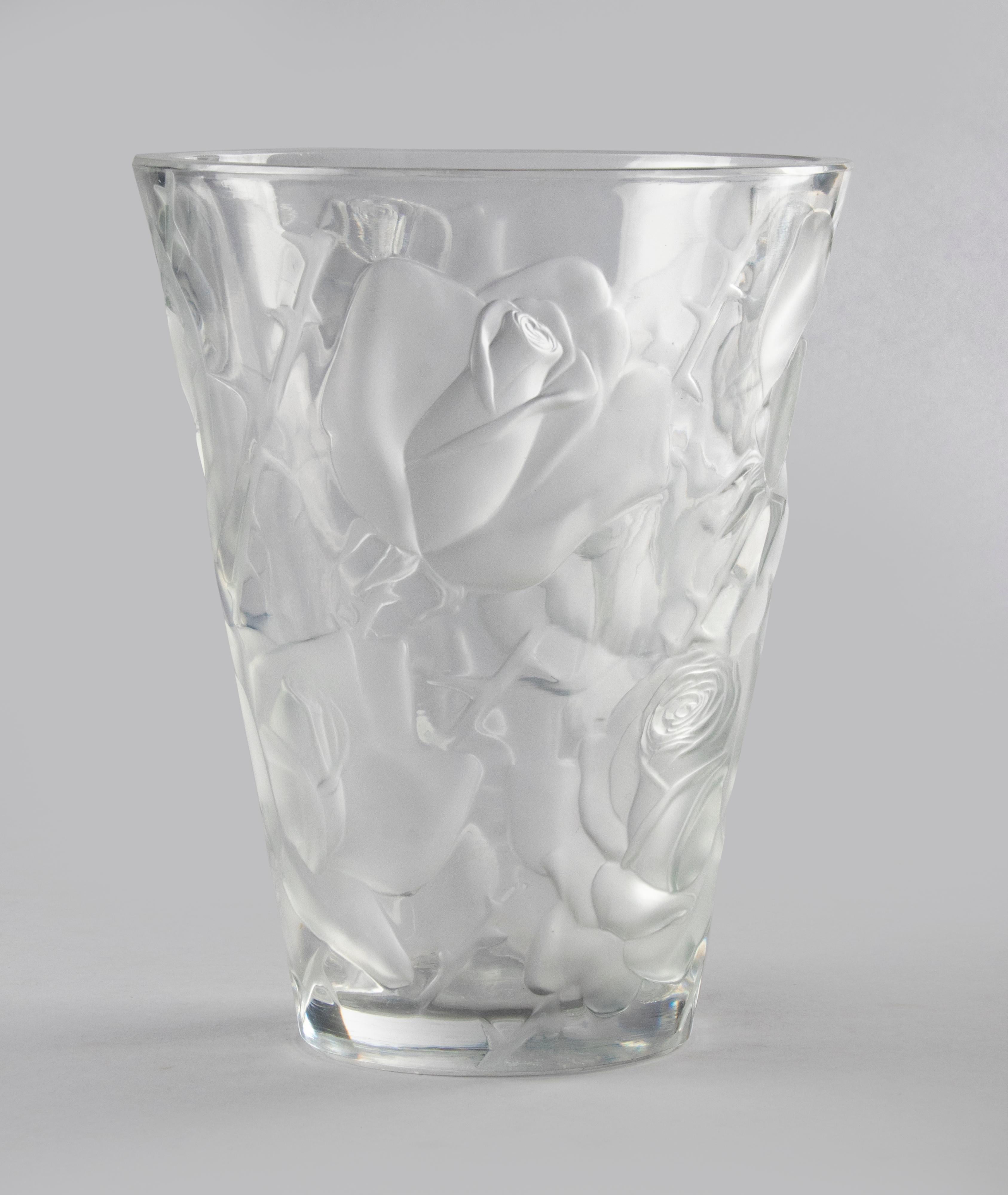 Hand-Crafted Large Crystal Vase by Lalique Model Ispahan with Etched & Frosted Roses