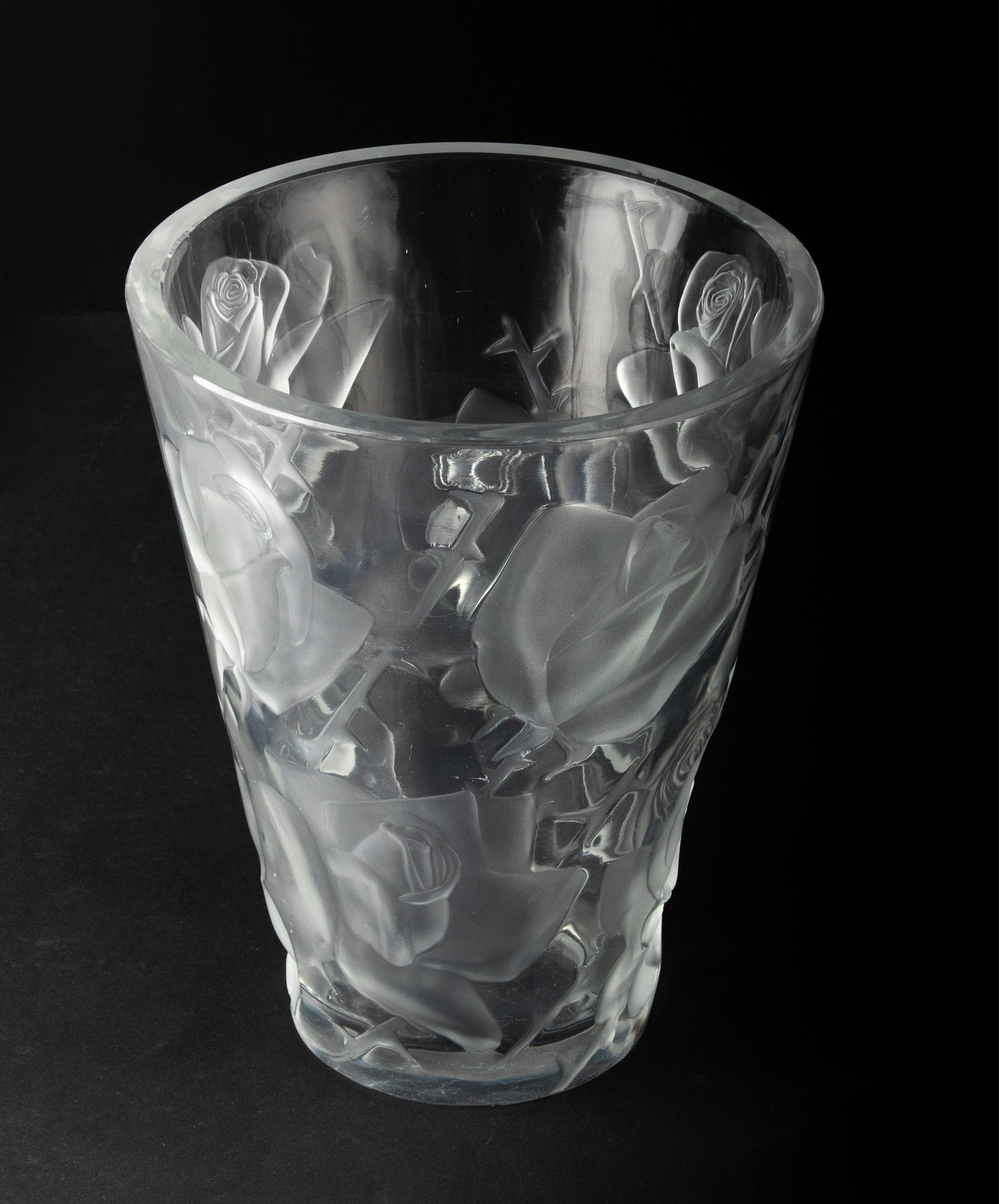 Large Crystal Vase by Lalique Model Ispahan with Etched & Frosted Roses 1