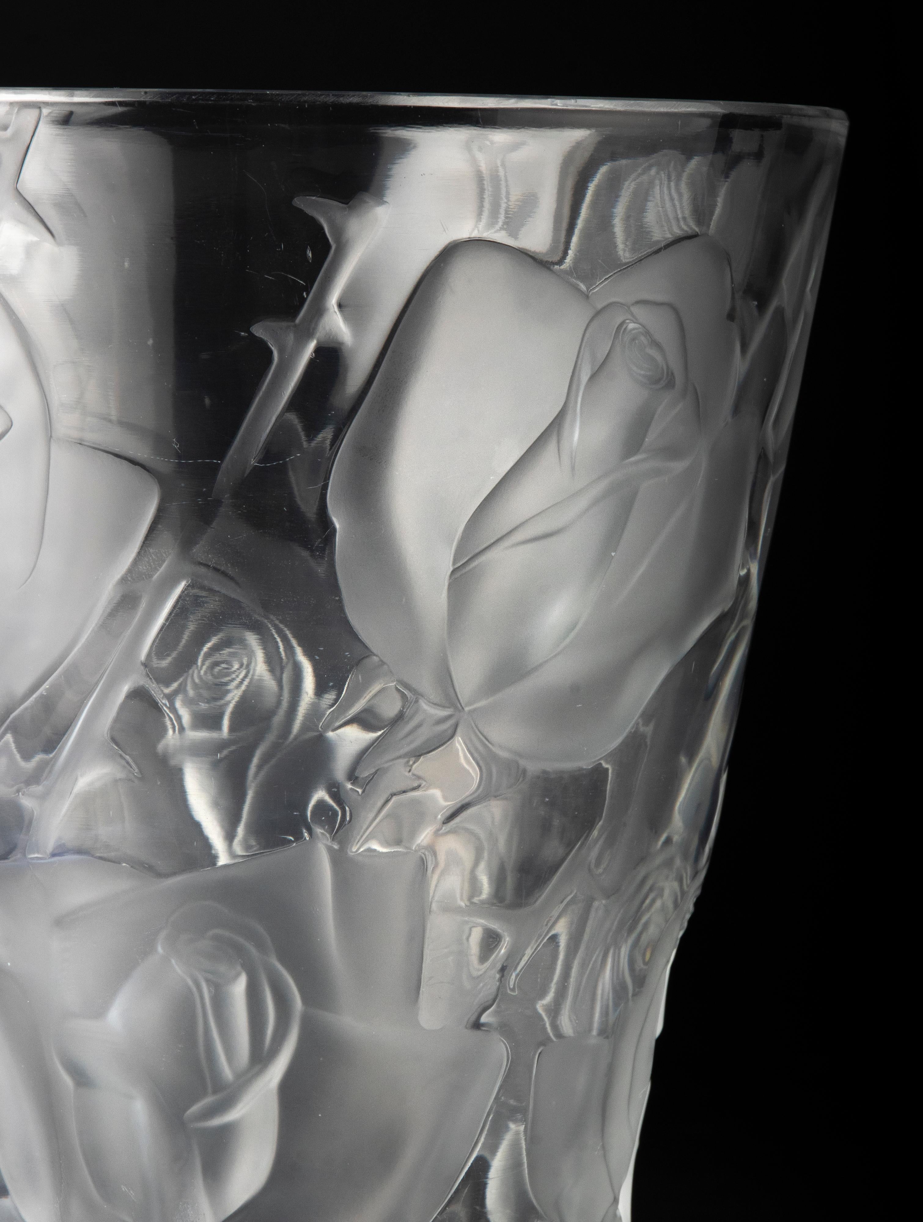 Large Crystal Vase by Lalique Model Ispahan with Etched & Frosted Roses 2
