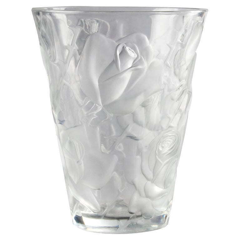 Large Crystal Vase by Lalique Model Ispahan with Etched and Frosted