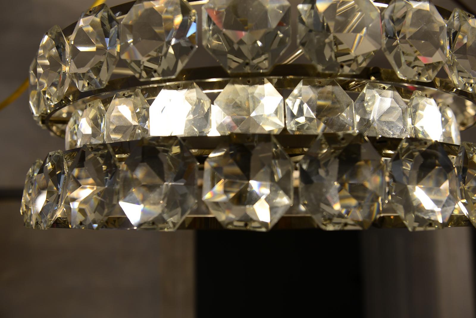 Austrian Large Crystalglass and Brass Chandelier Vienna Mid-Century Modern, Re-Edition For Sale