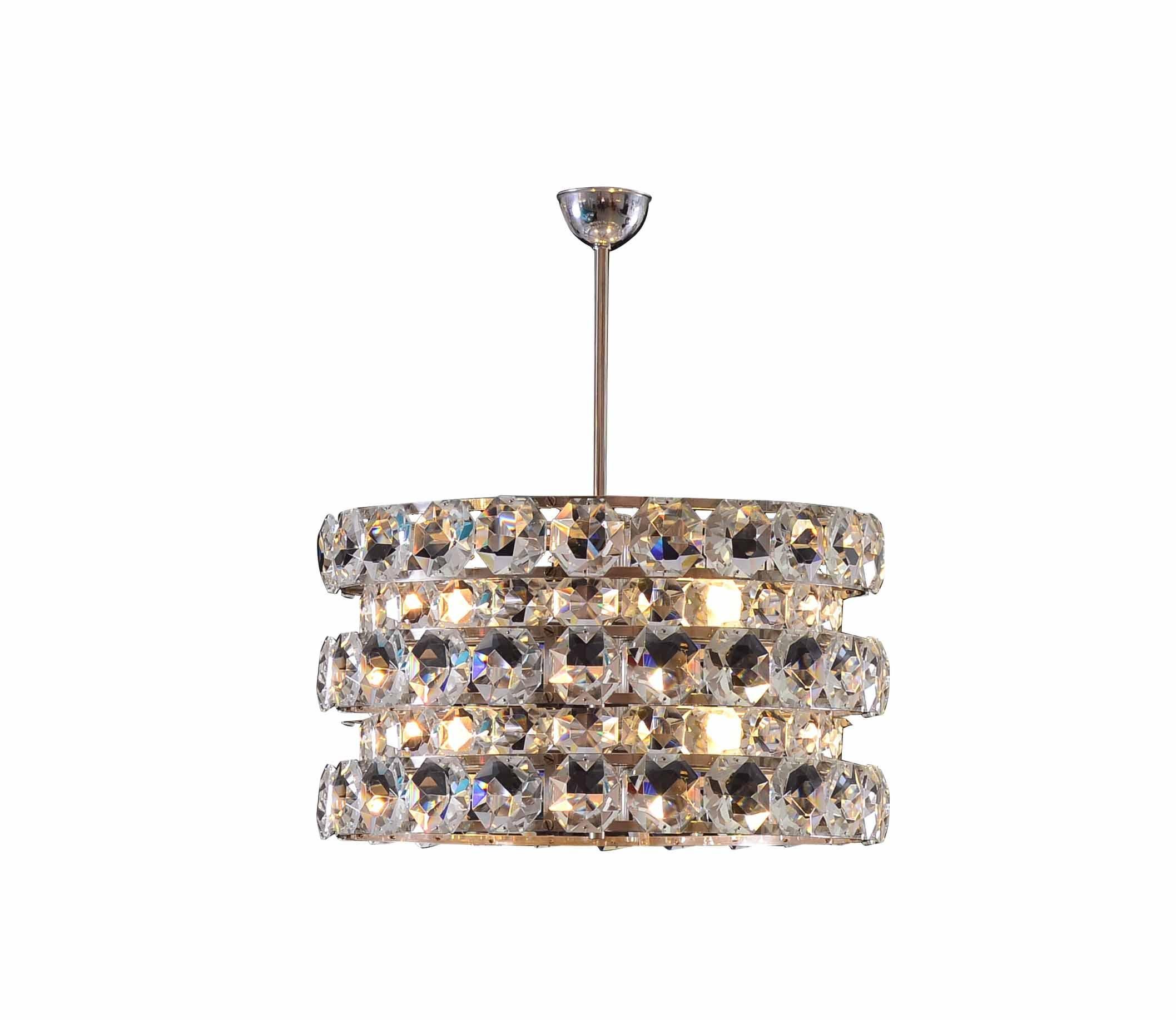 Contemporary Large Crystalglass and Brass Chandelier Vienna Mid-Century Modern, Re-Edition For Sale