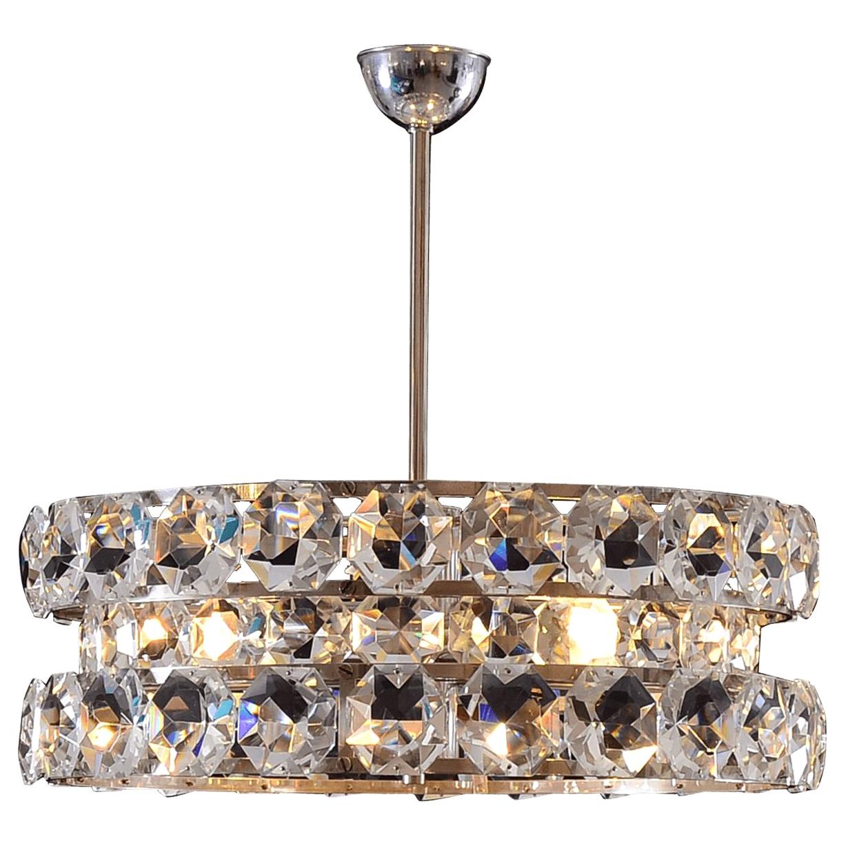 Large Crystalglass and Brass Chandelier Vienna Mid-Century Modern, Re-Edition For Sale