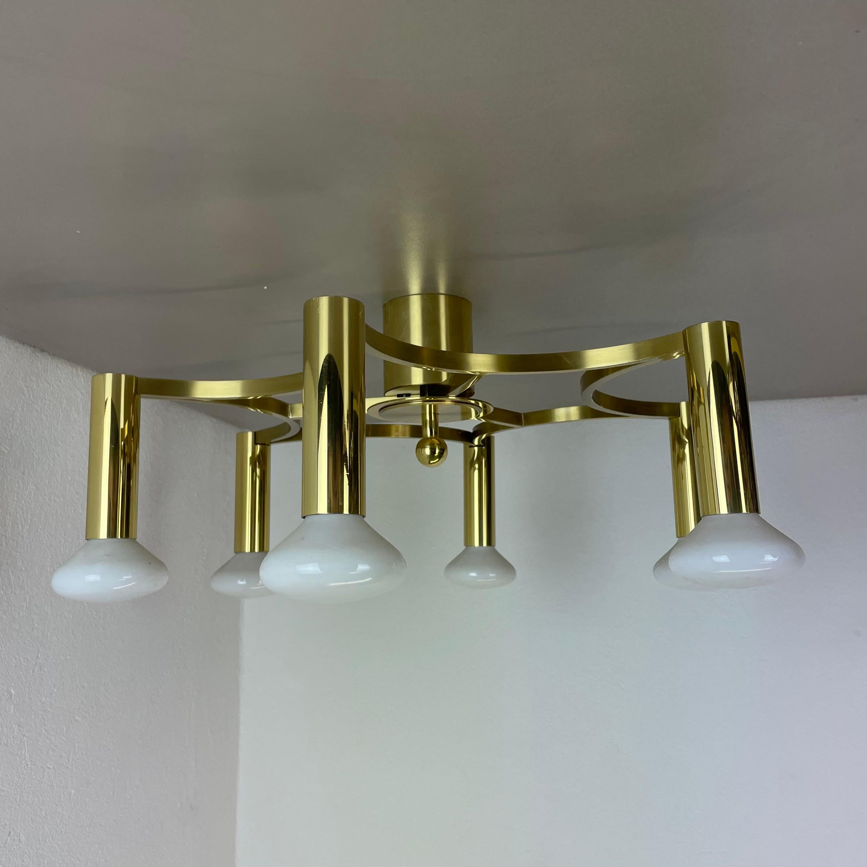 Italian Large CUBIC Brass 6 Bulb Stilnovo Style Flush Mount Ceiling Light, Italy 1960s