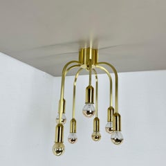 Large CUBIC Brass 7 Bulb Stilnovo Style Flush Mount Ceiling Light, Italy 1970s