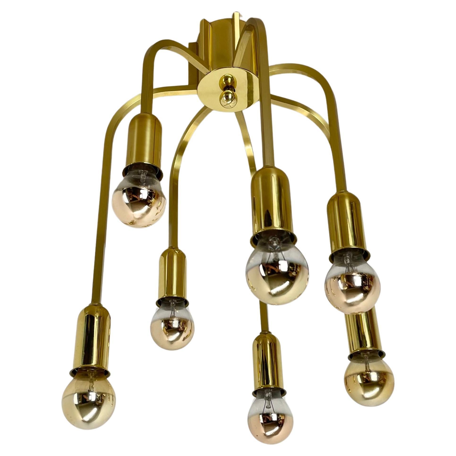Large CUBIC Brass 7 Bulb Stilnovo Style Flush Mount Ceiling Light, Italy 1970s