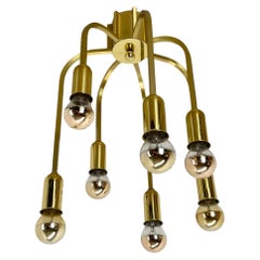 Large CUBIC Brass 7 Bulb Stilnovo Style Flush Mount Ceiling Light, Italy 1970s