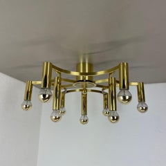 Large CUBIC Brass 9 Bulb Stilnovo Style Flush Mount Ceiling Light, Italy 1960s