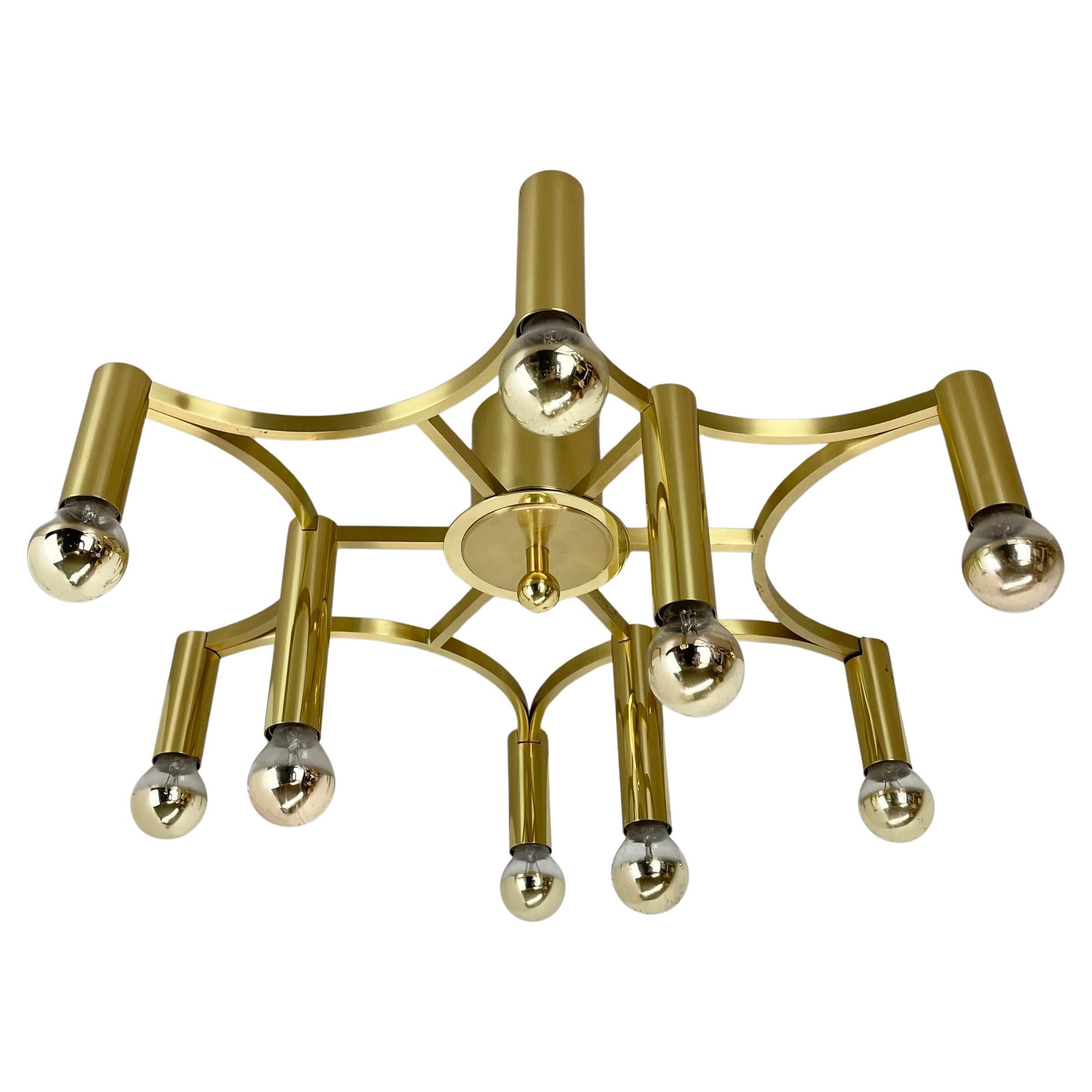 Large CUBIC Brass 9 Bulb Stilnovo Style Flush Mount Ceiling Light, Italy 1960s