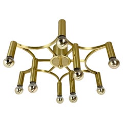 Large CUBIC Brass 9 Bulb Stilnovo Style Flush Mount Ceiling Light, Italy 1960s