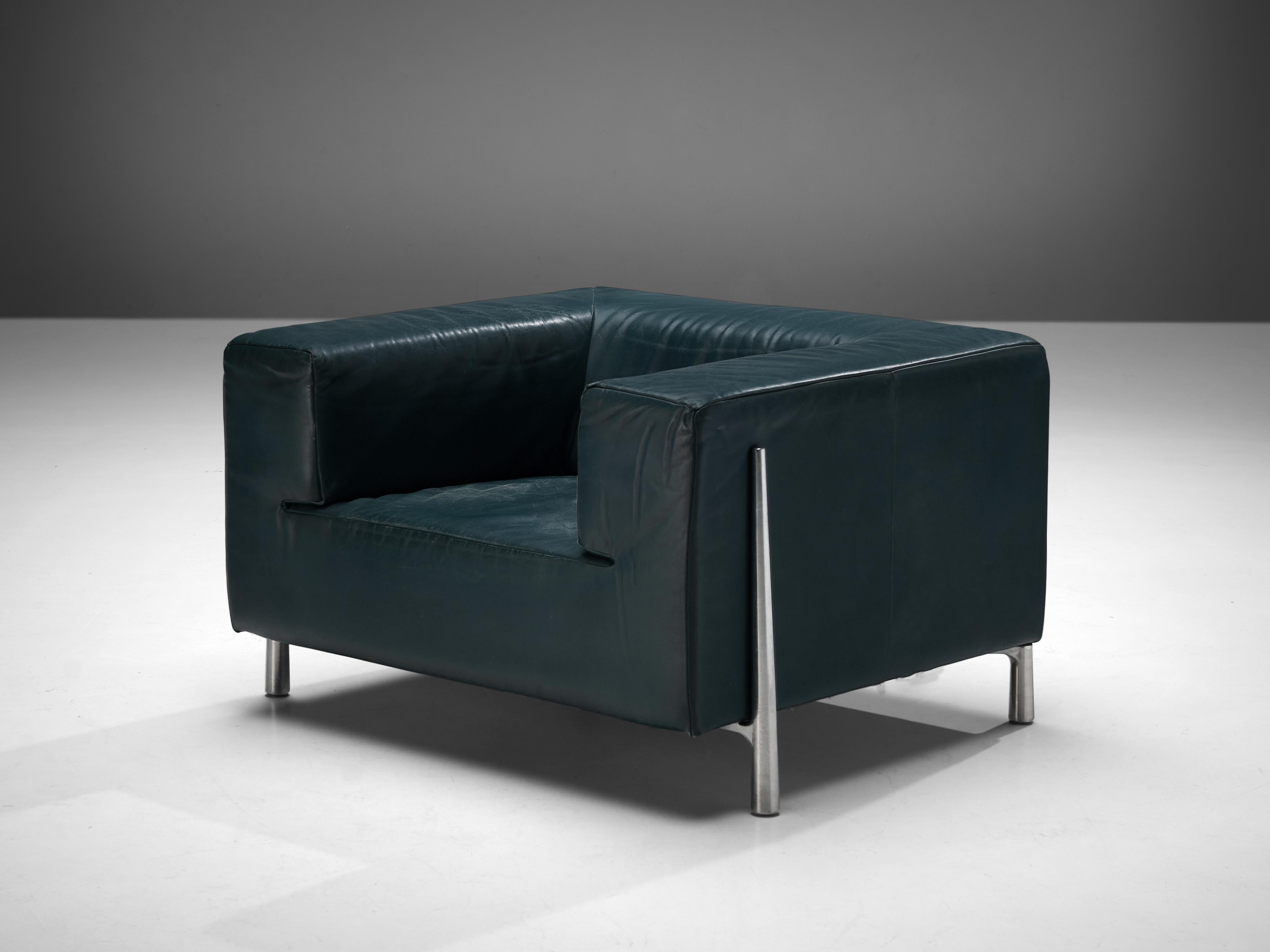 Lounge chair, steel, leather, Europe, 1970s

This cubic armchair show elegant steel details. The combination of steel and leather gives the lounge chair a modern and sophisticated look. This is being emphasized by the nice color of the leather