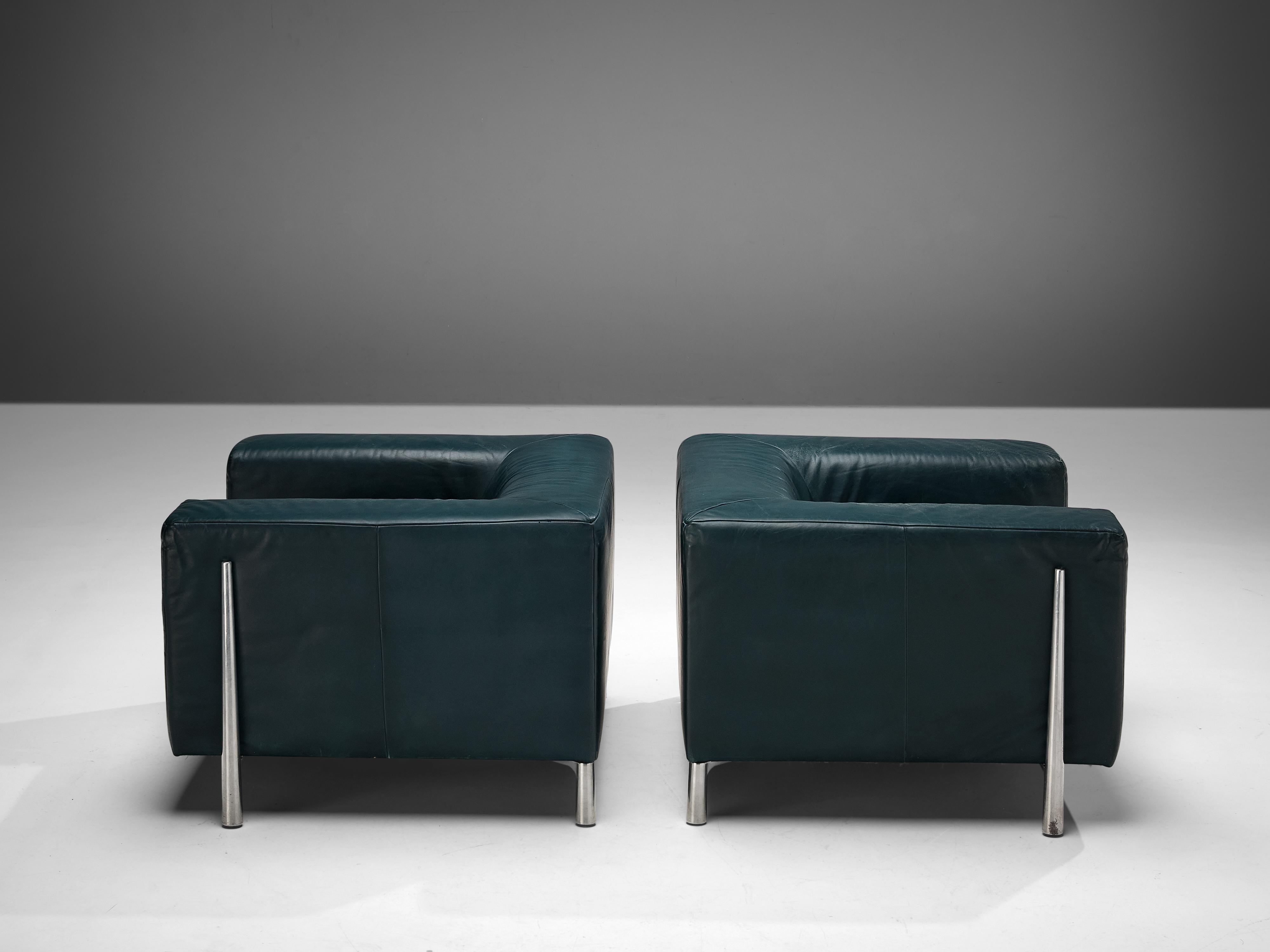 Late 20th Century Large Cubic Lounge Chairs in Green Leather