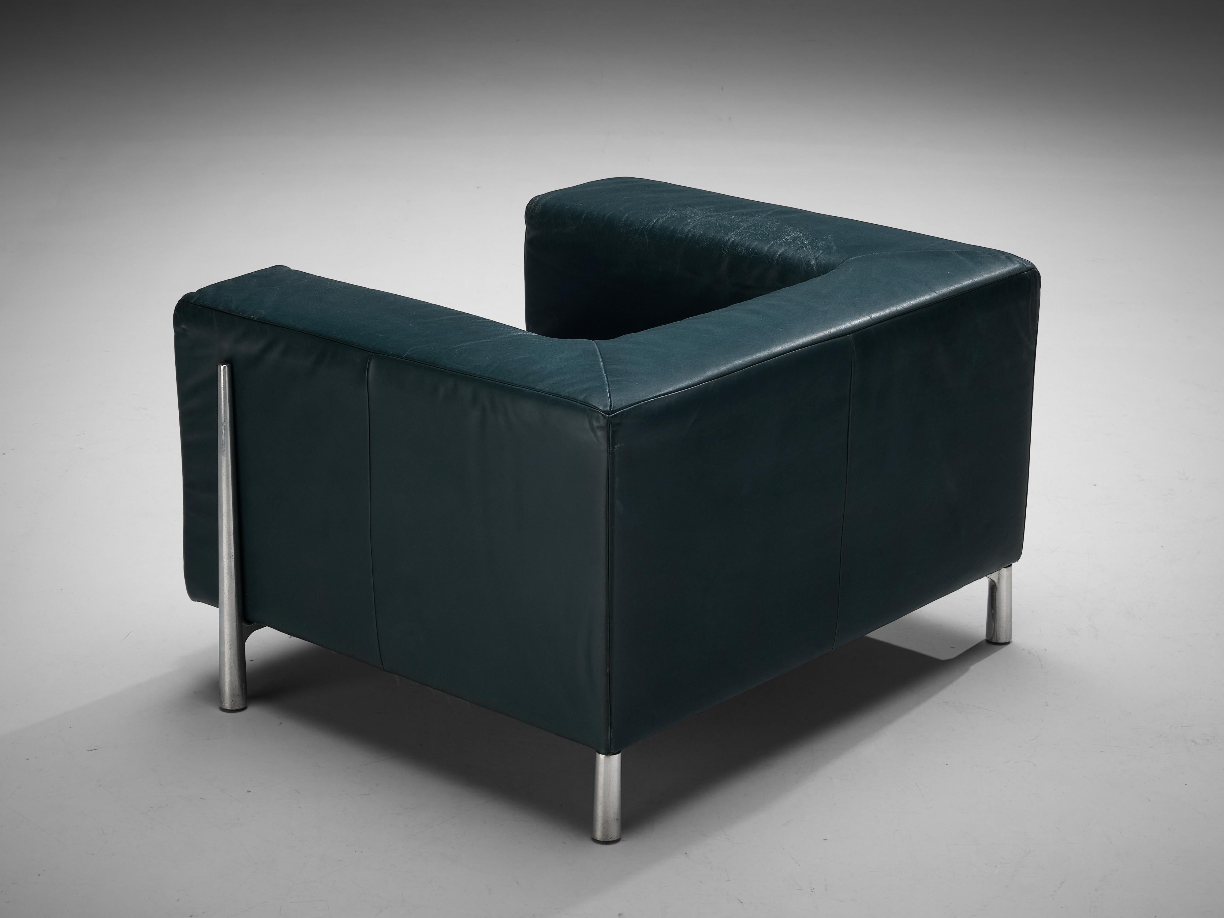 Steel Large Cubic Lounge Chairs in Green Leather