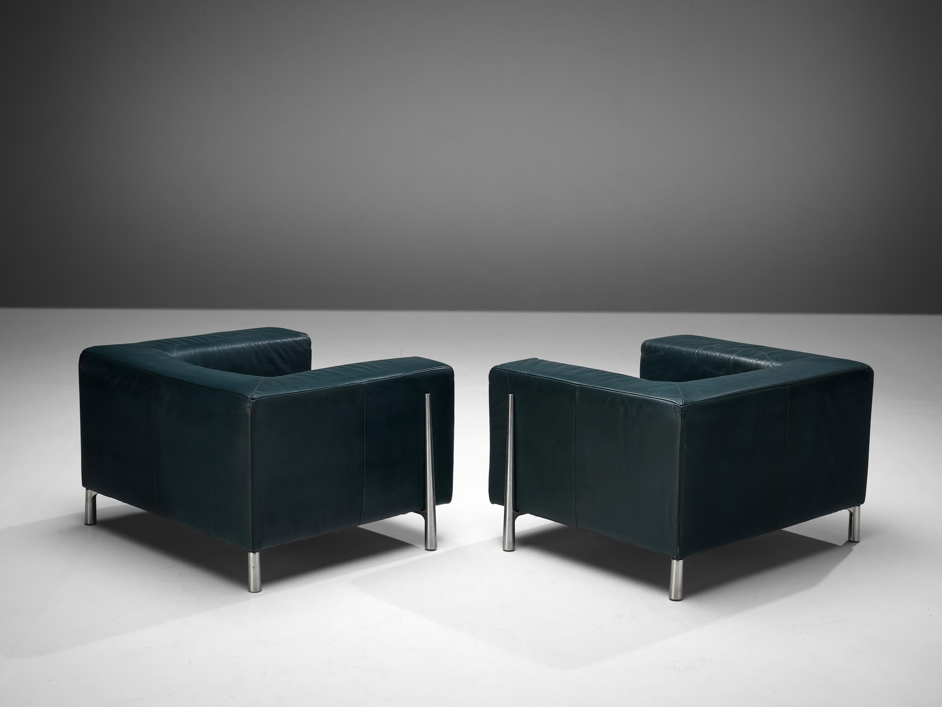 Large Cubic Lounge Chairs in Green Leather 1