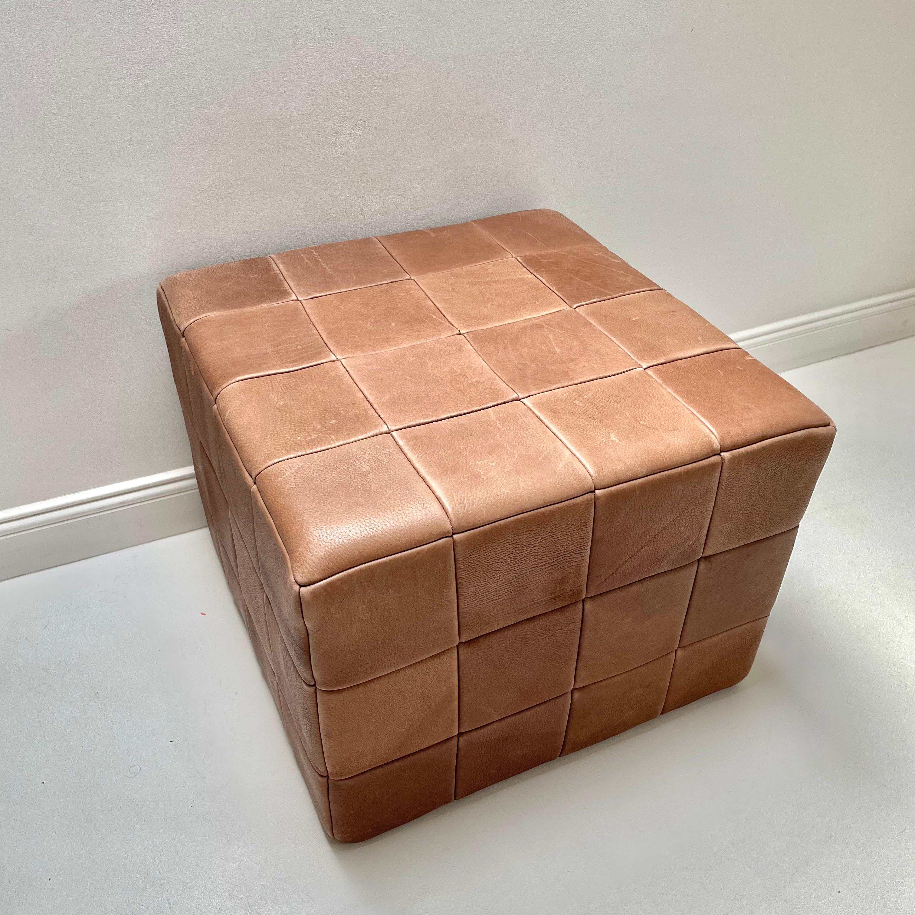 large cubic PATCHWORK real Leather pouf ottoman by DE SEDE, Switzerland 1970s 7