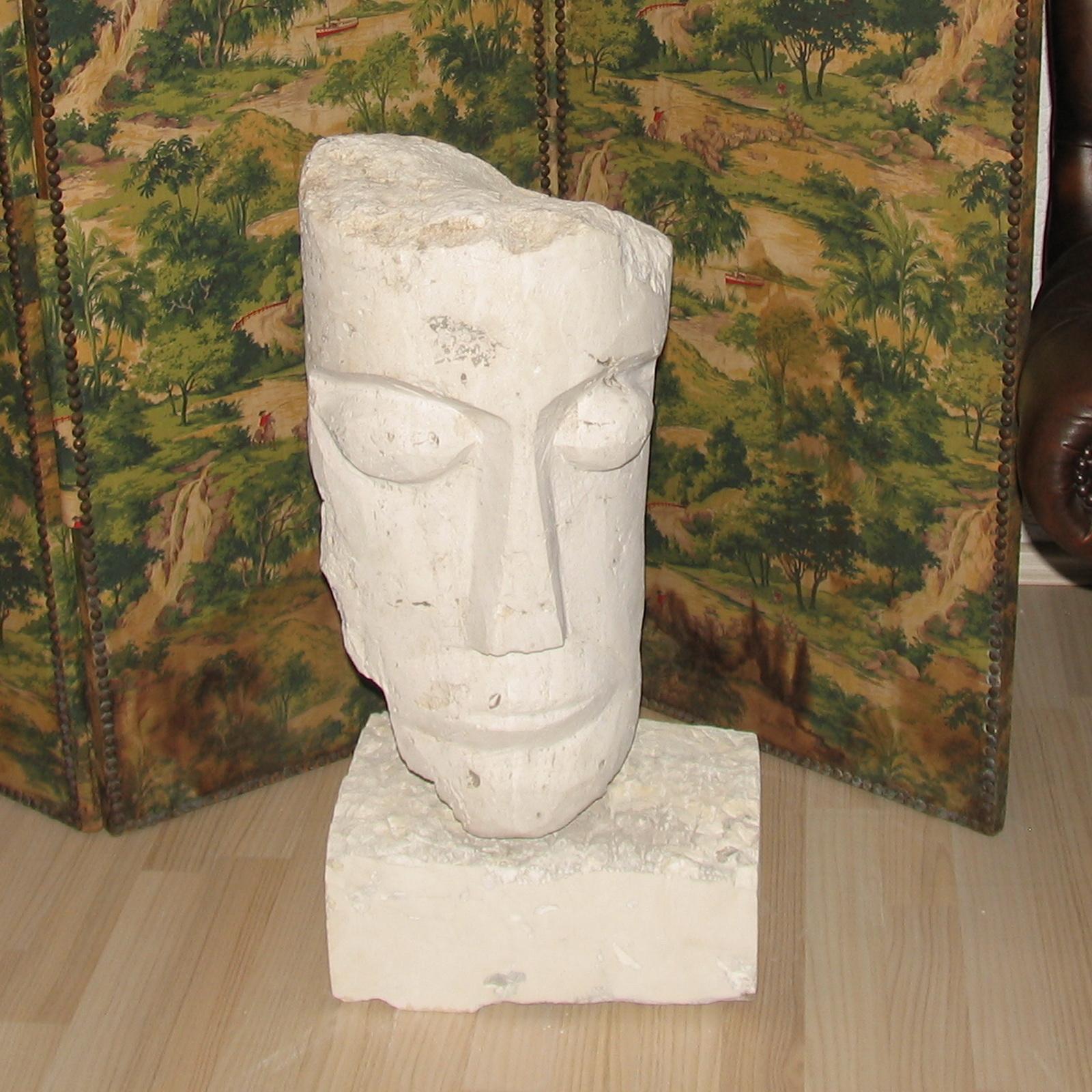 Mid-Century Modern Large Cubist Carved Stone Sculpture Depicting a Man Head For Sale