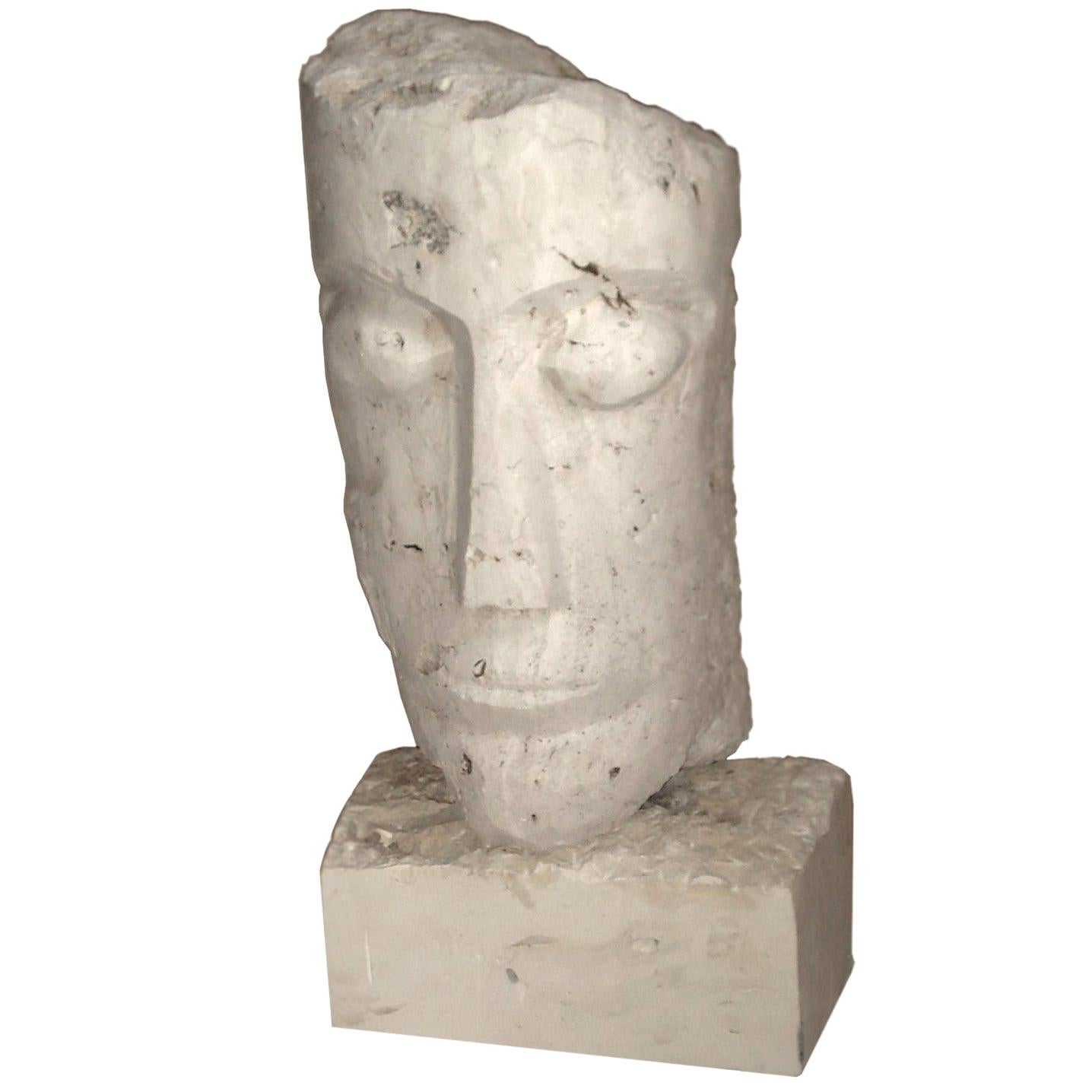 Large Cubist Carved Stone Sculpture Depicting a Man Head