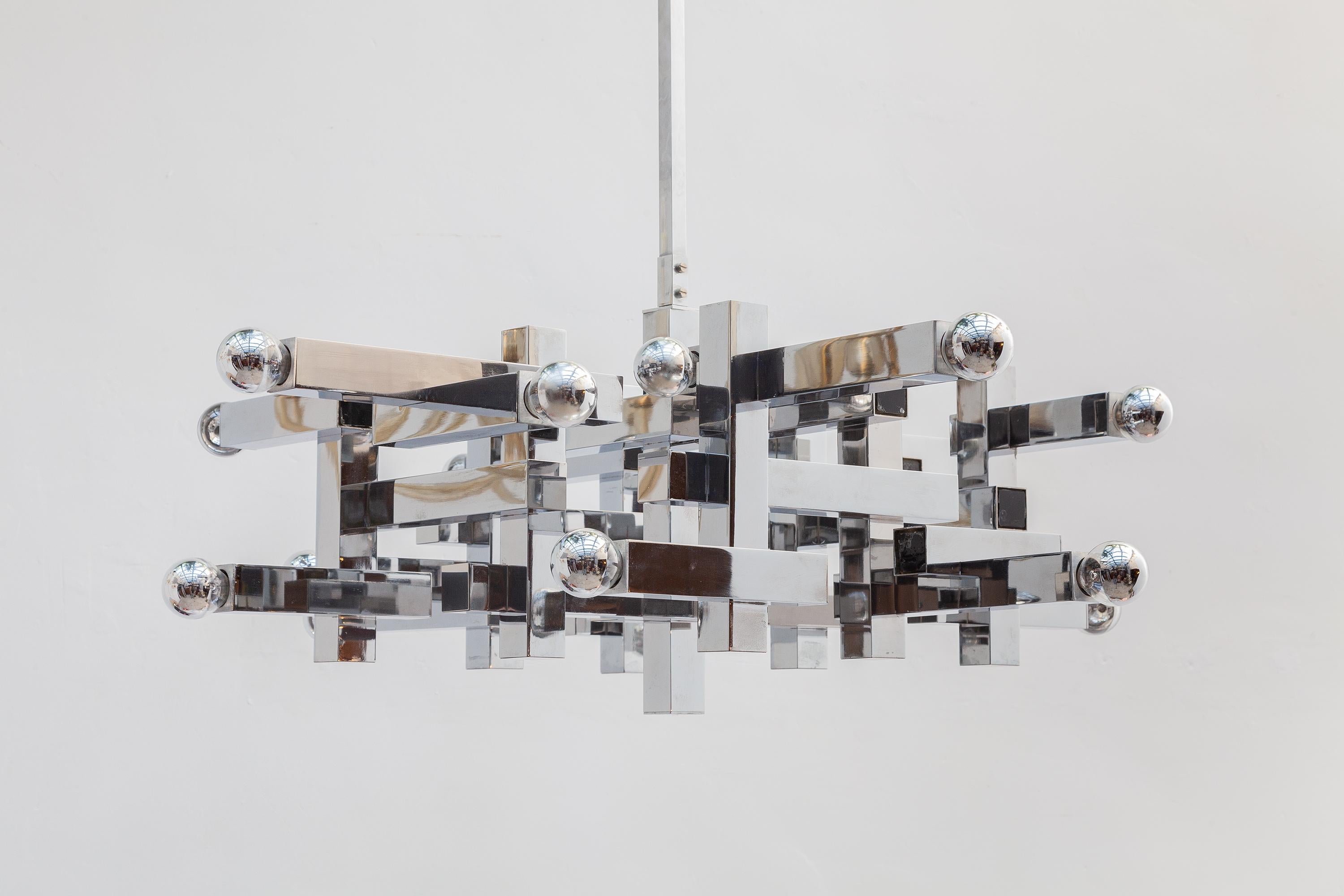 Italian Large Cubist Chrome Sciolari Chandelier, 1960s, Italy