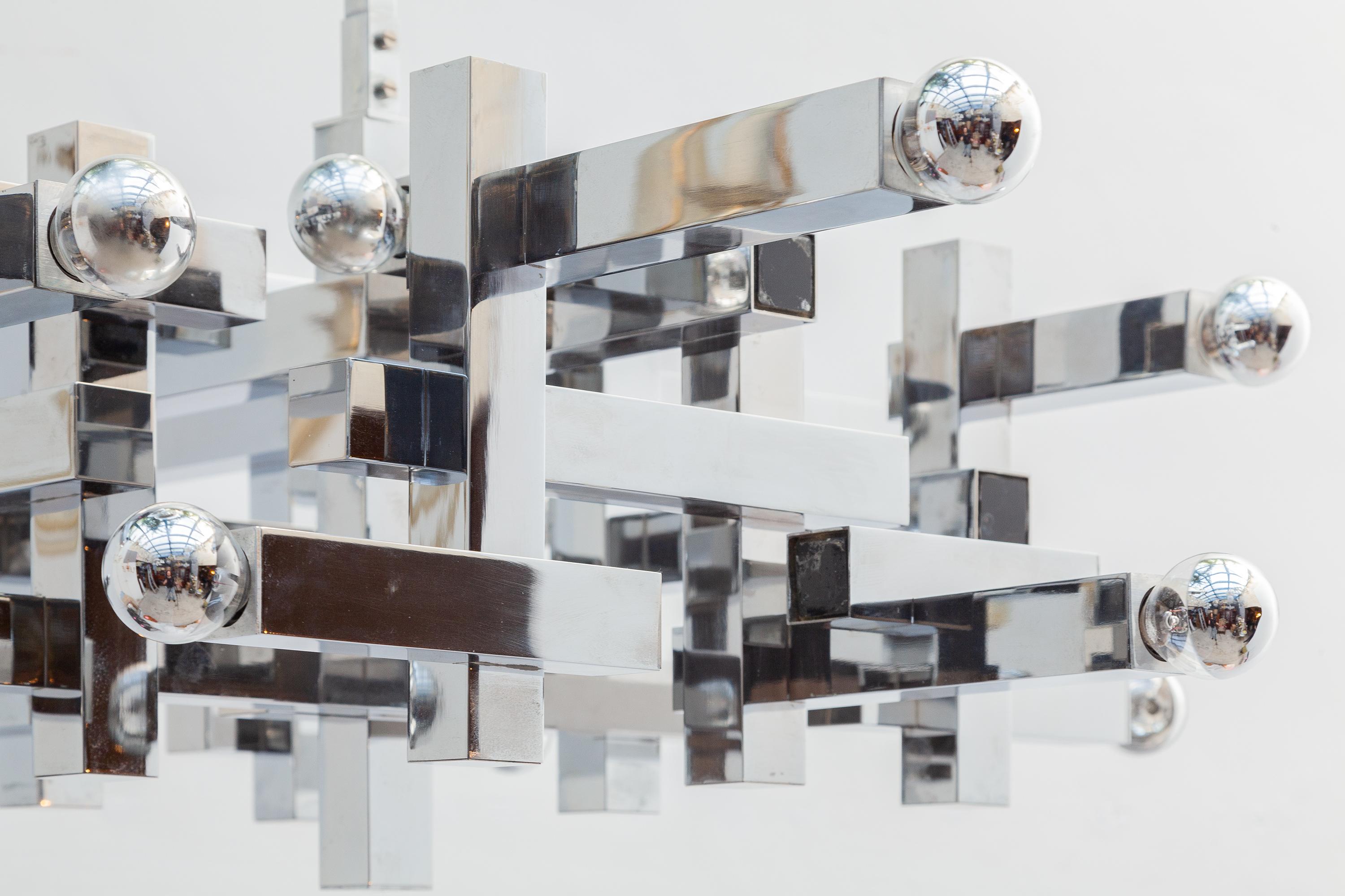 Large Cubist Chrome Sciolari Chandelier, 1960s, Italy In Good Condition In Antwerp, BE