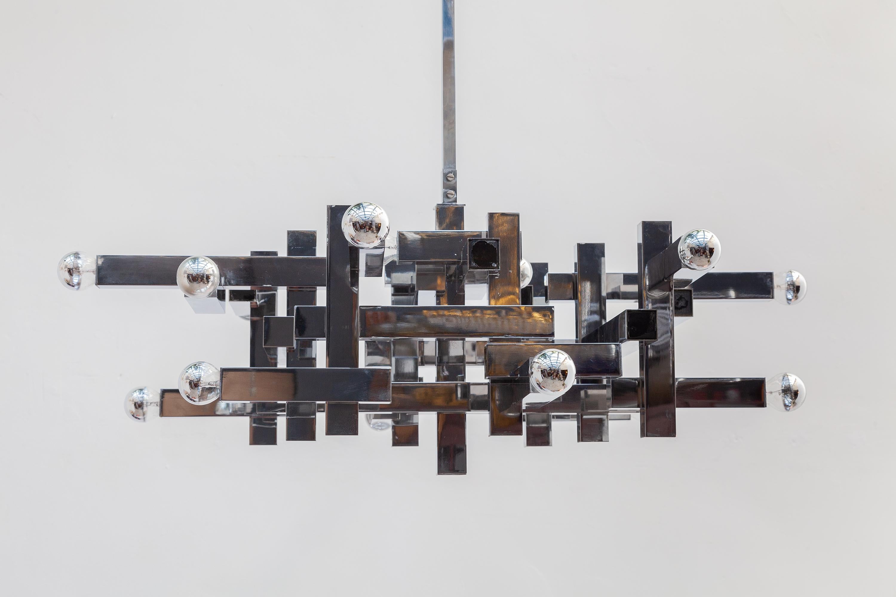 Mid-20th Century Large Cubist Chrome Sciolari Chandelier, 1960s, Italy