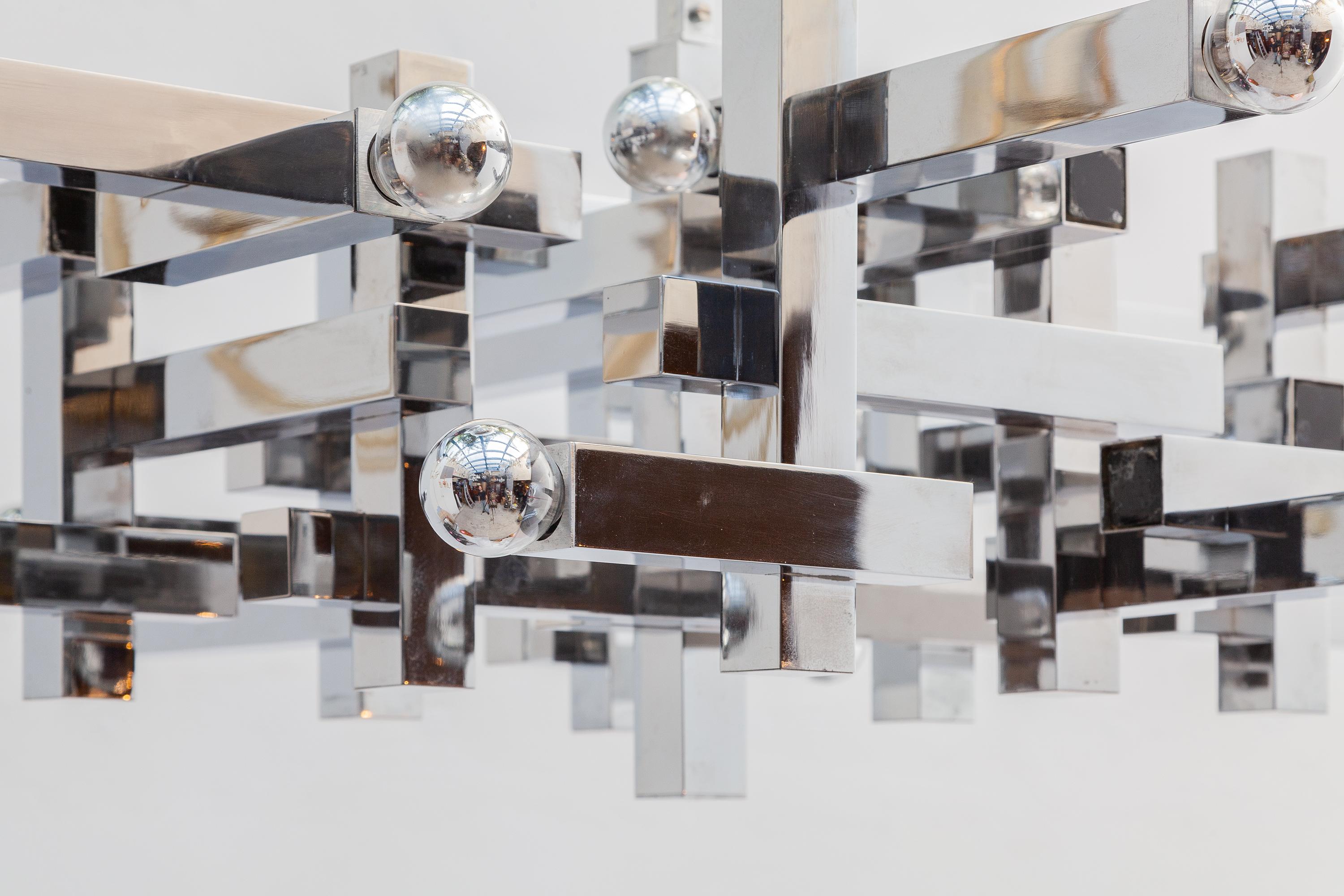 Metal Large Cubist Chrome Sciolari Chandelier, 1960s, Italy