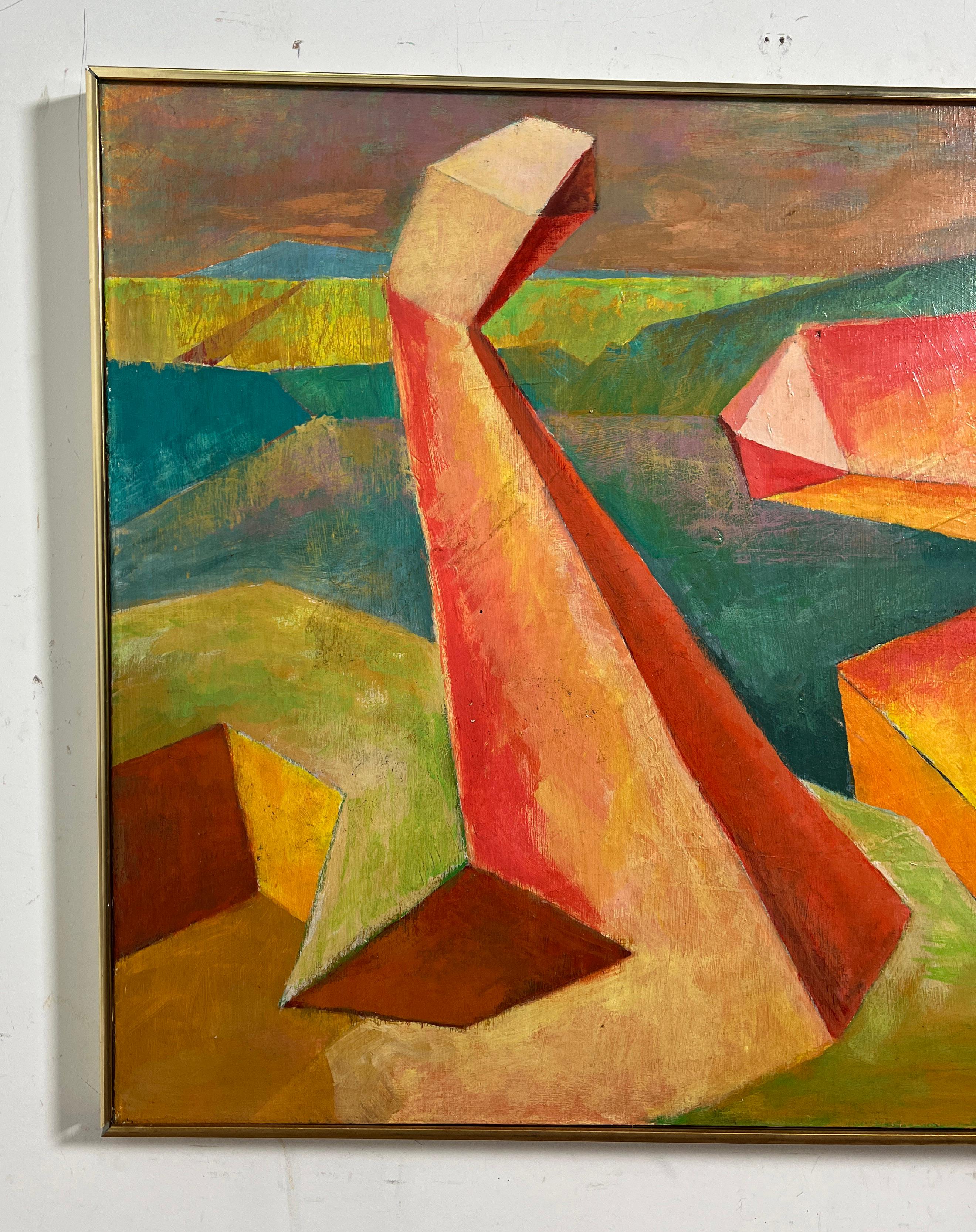 Mid-century abstract painting of a surreal landscape on canvas signed Jack Clark and dated 1972.