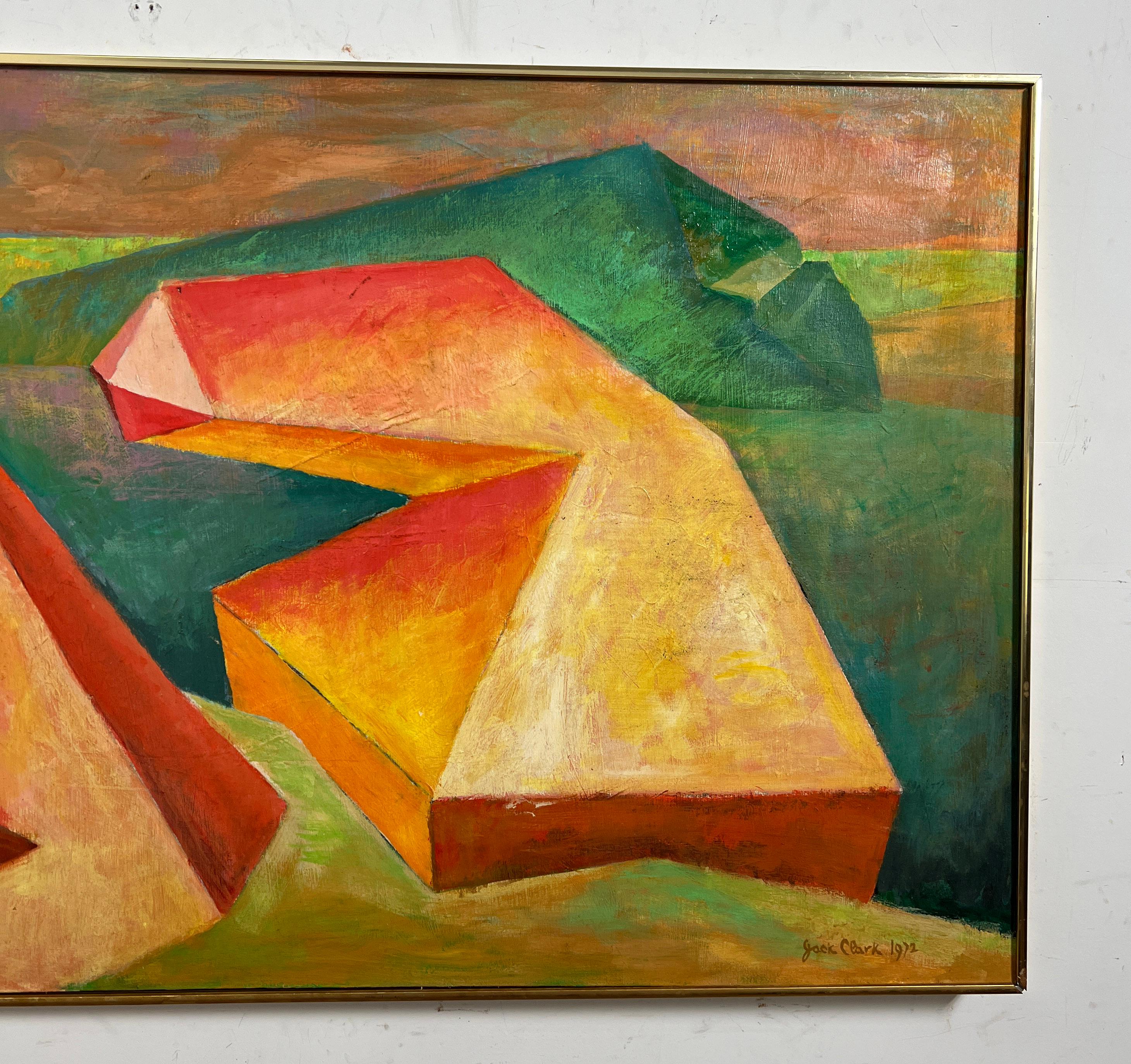 Mid-Century Modern Large Cubist Landscape Abstract Painting Signed Jack Clark, d. 1972 For Sale