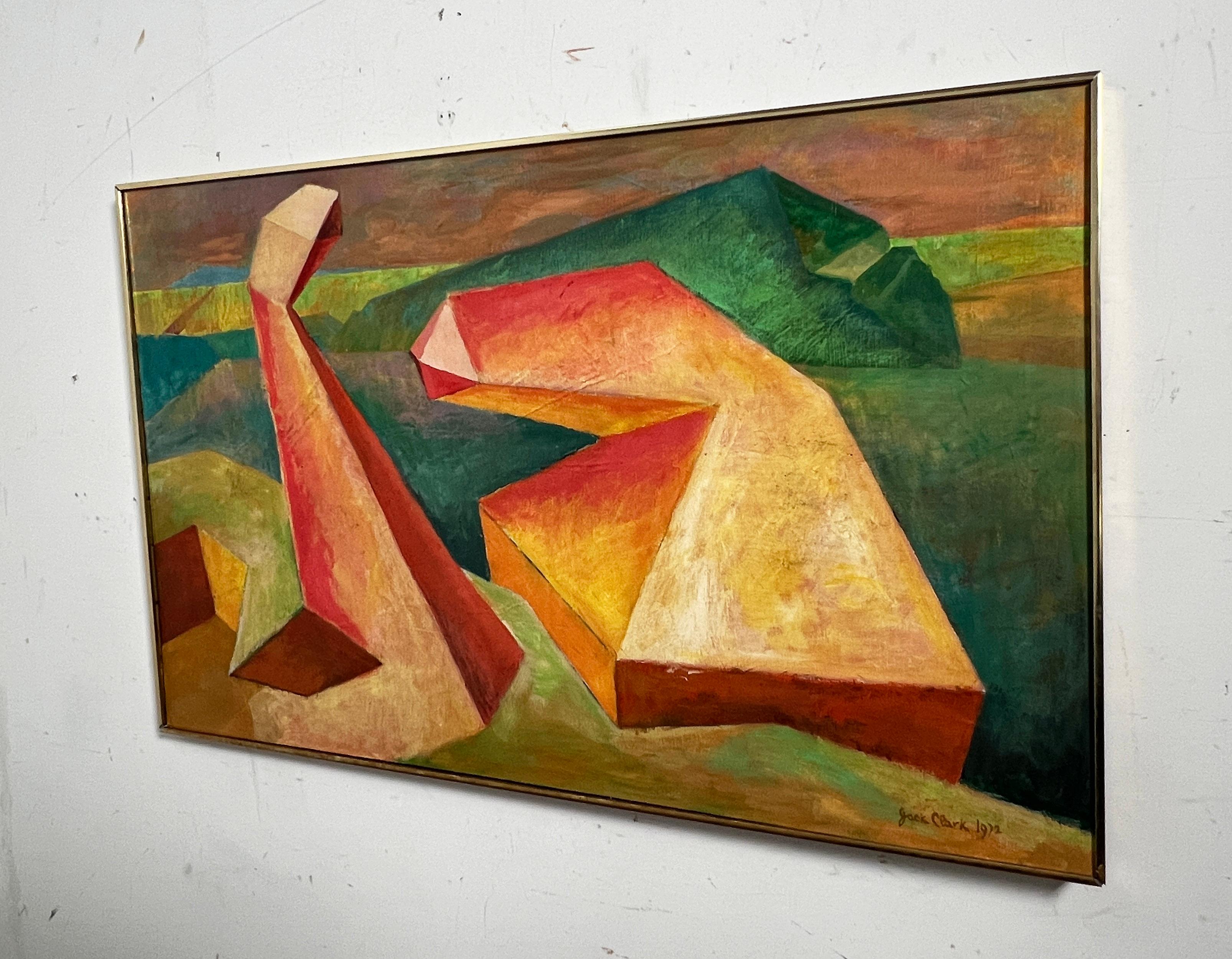 Large Cubist Landscape Abstract Painting Signed Jack Clark, d. 1972 In Good Condition For Sale In Peabody, MA