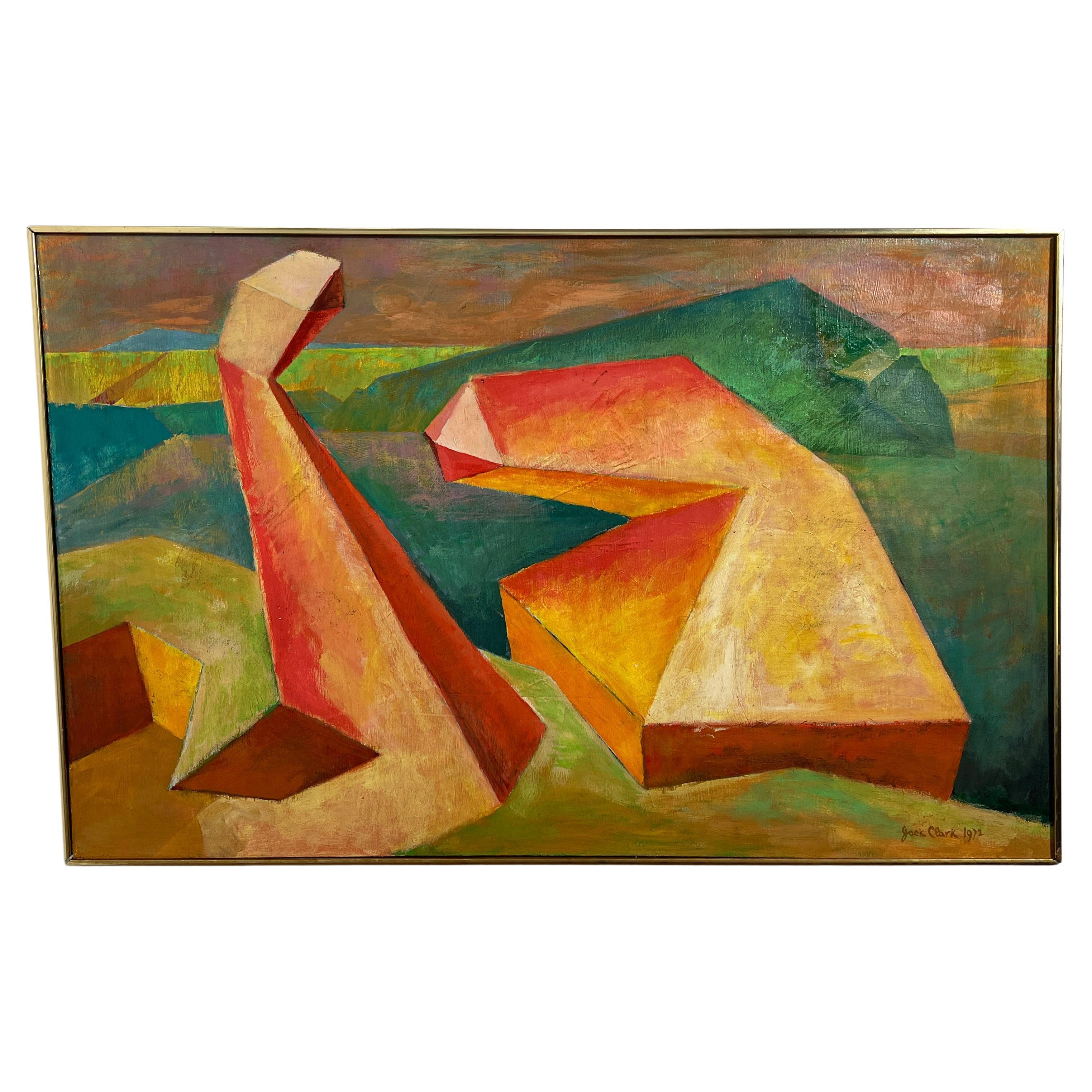 Grande peinture abstraite de paysage cubiste signée Jack Clark, mort en 1972