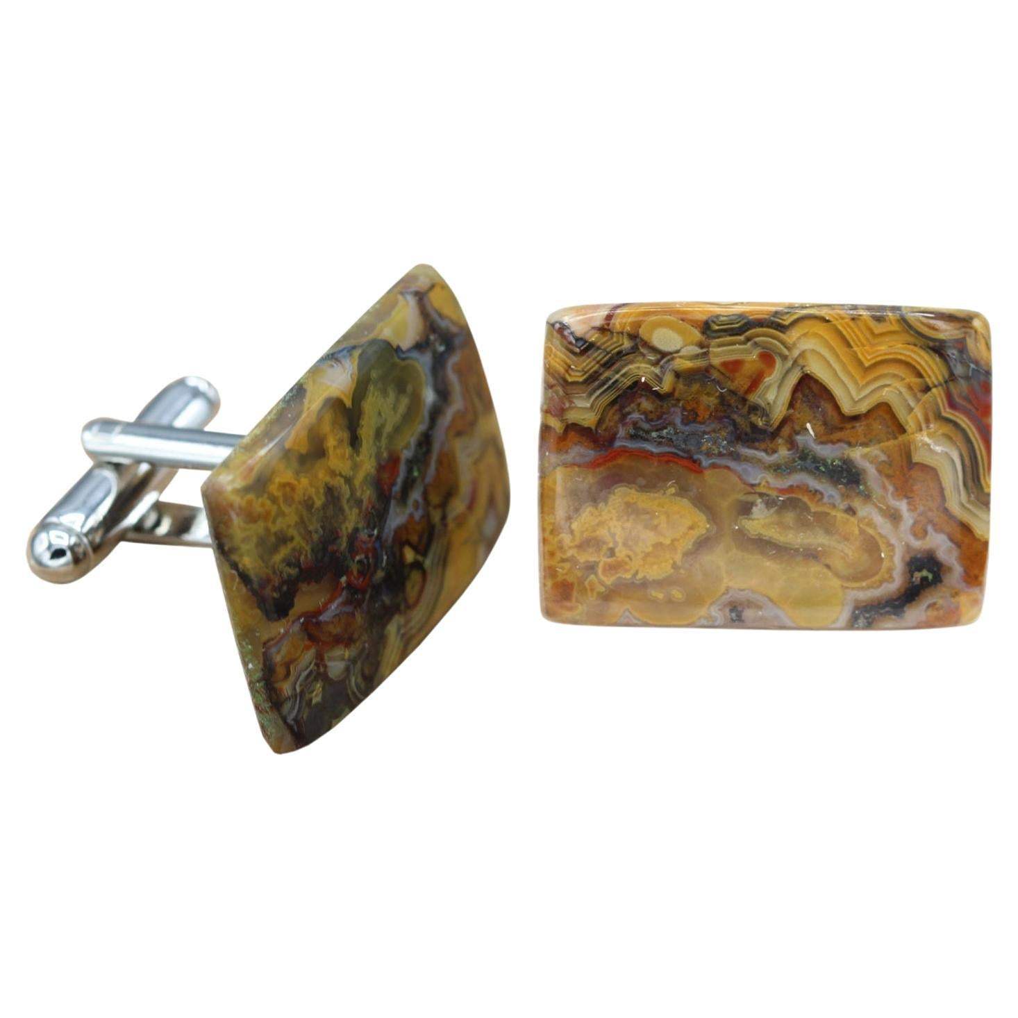Large Cufflink of Natural Stone Cuff Crazy Agate Stone Men's Jewelry  #93 For Sale