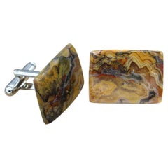 Used Large Cufflink of Natural Stone Cuff Crazy Agate Stone Men's Jewelry  #93