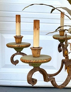 Large Currey & Co Tole Leaf Hollywood Regency Six Light Chandelier.