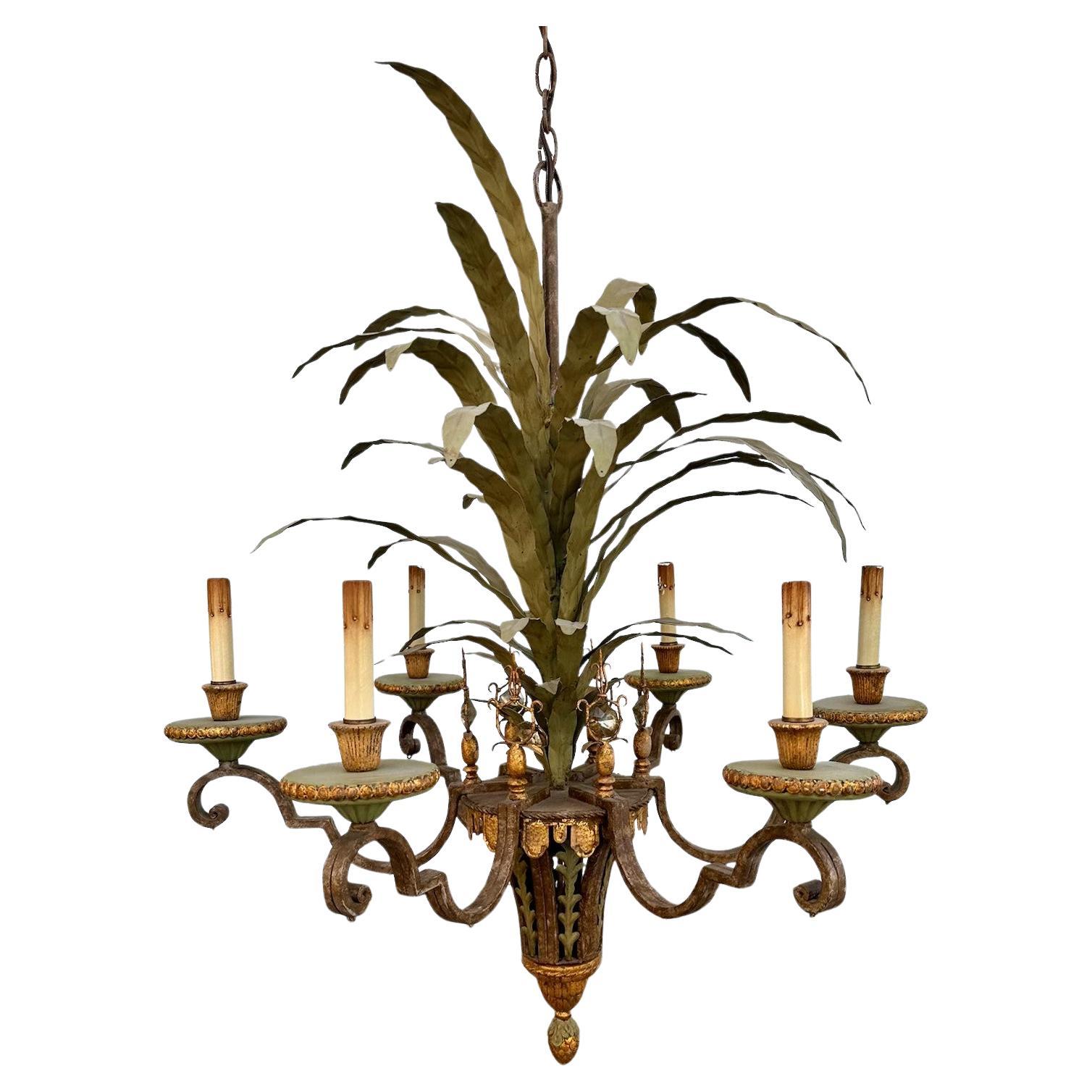 Large Currey & Co Tole Leaf Hollywood Regency Six Light Chandelier.