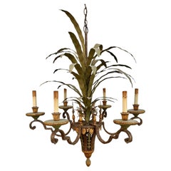 Large Currey & Co Tole Leaf Hollywood Regency Six Light Chandelier.