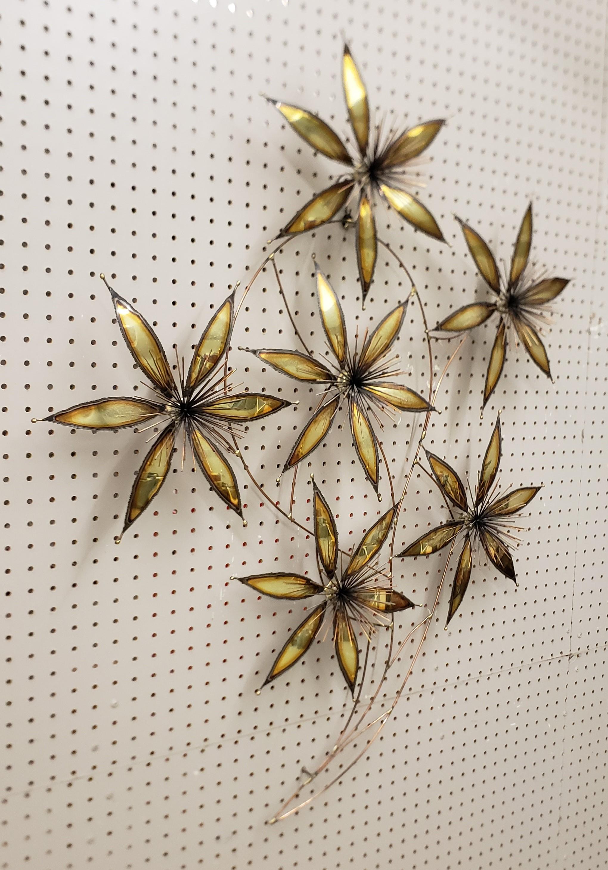 Hand-Crafted Large Curtis Jere Attributed Brass & Steel Brutalist Floral Wall Sculpture For Sale