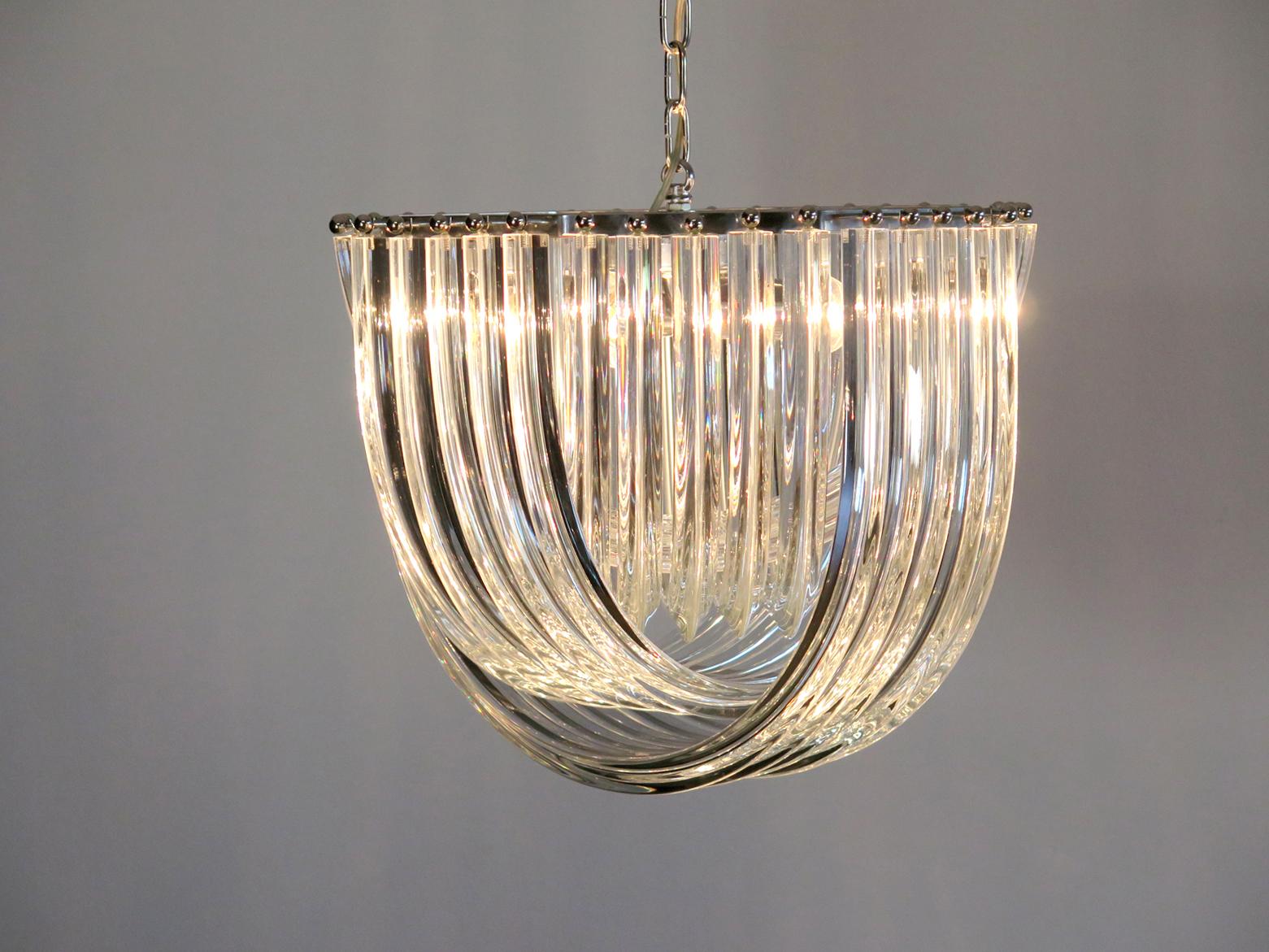 Mid-Century Modern Large Curvati Chandelier, Trasparent Triedri, 20 Murano Glasses
