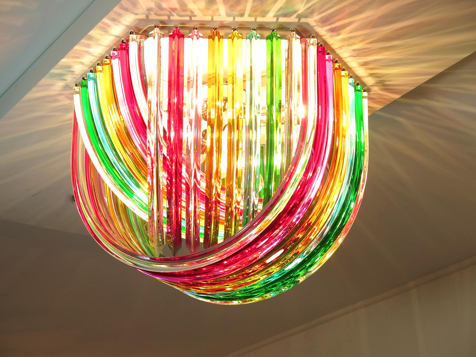 Mid-Century Modern Large Curvati Rainbow Ceiling Light, Multicolored Triedri, 24 Murano Glasses