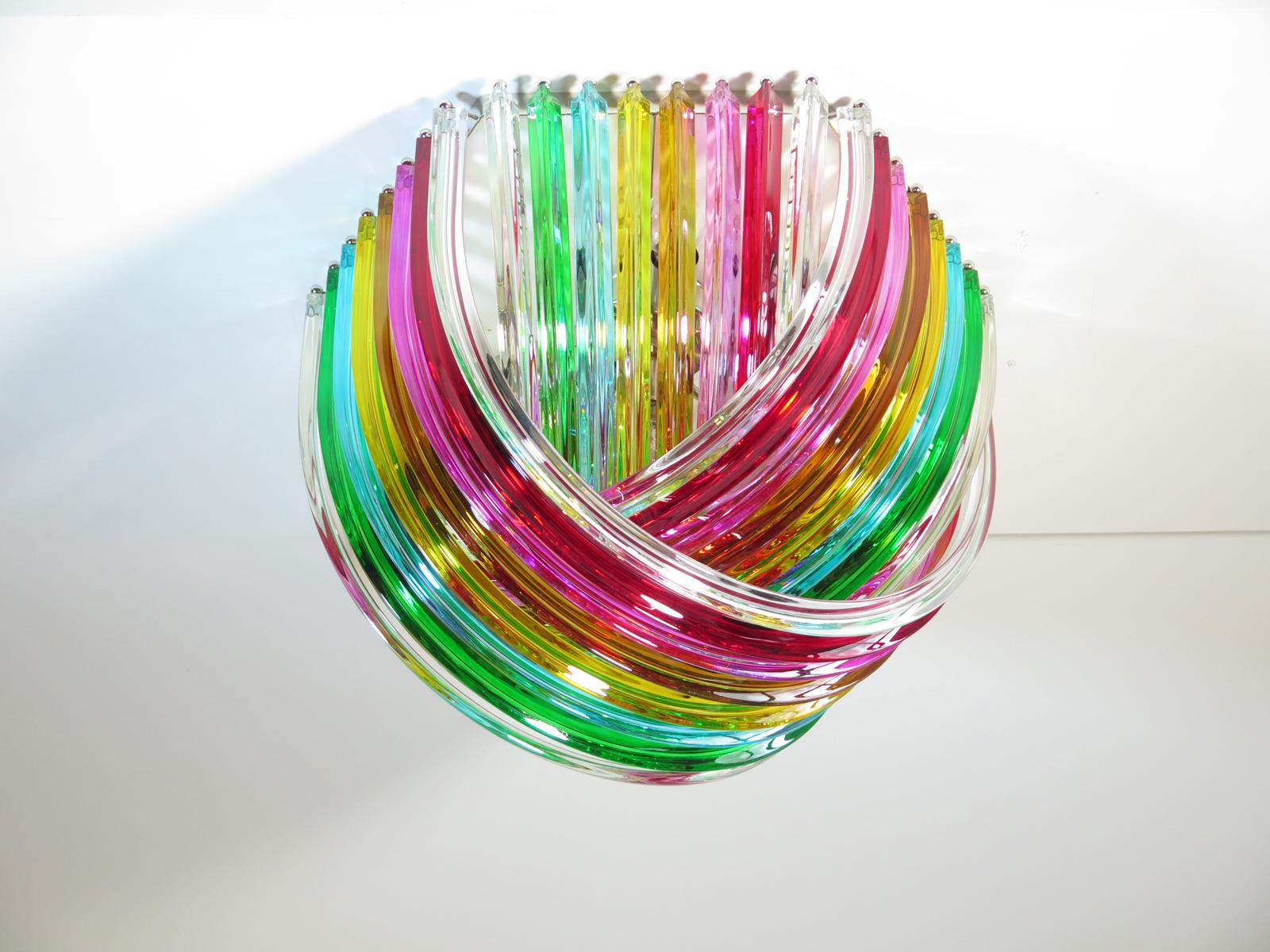 Blown Glass Large Curvati Rainbow Ceiling Light, Multicolored Triedri, 24 Murano Glasses