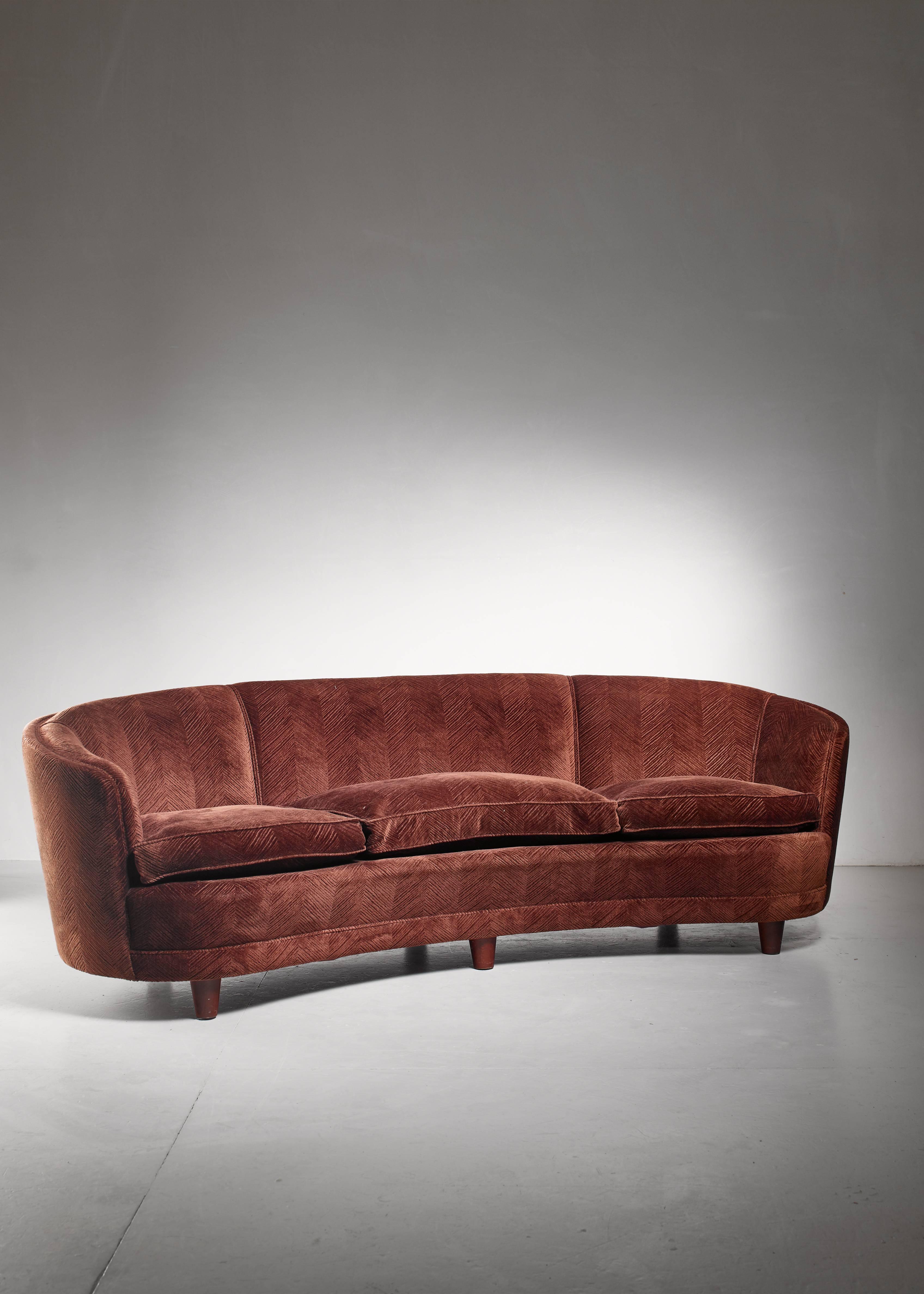 Scandinavian Modern Large Curved, Brown Scandinavian Sofa, 1940s For Sale